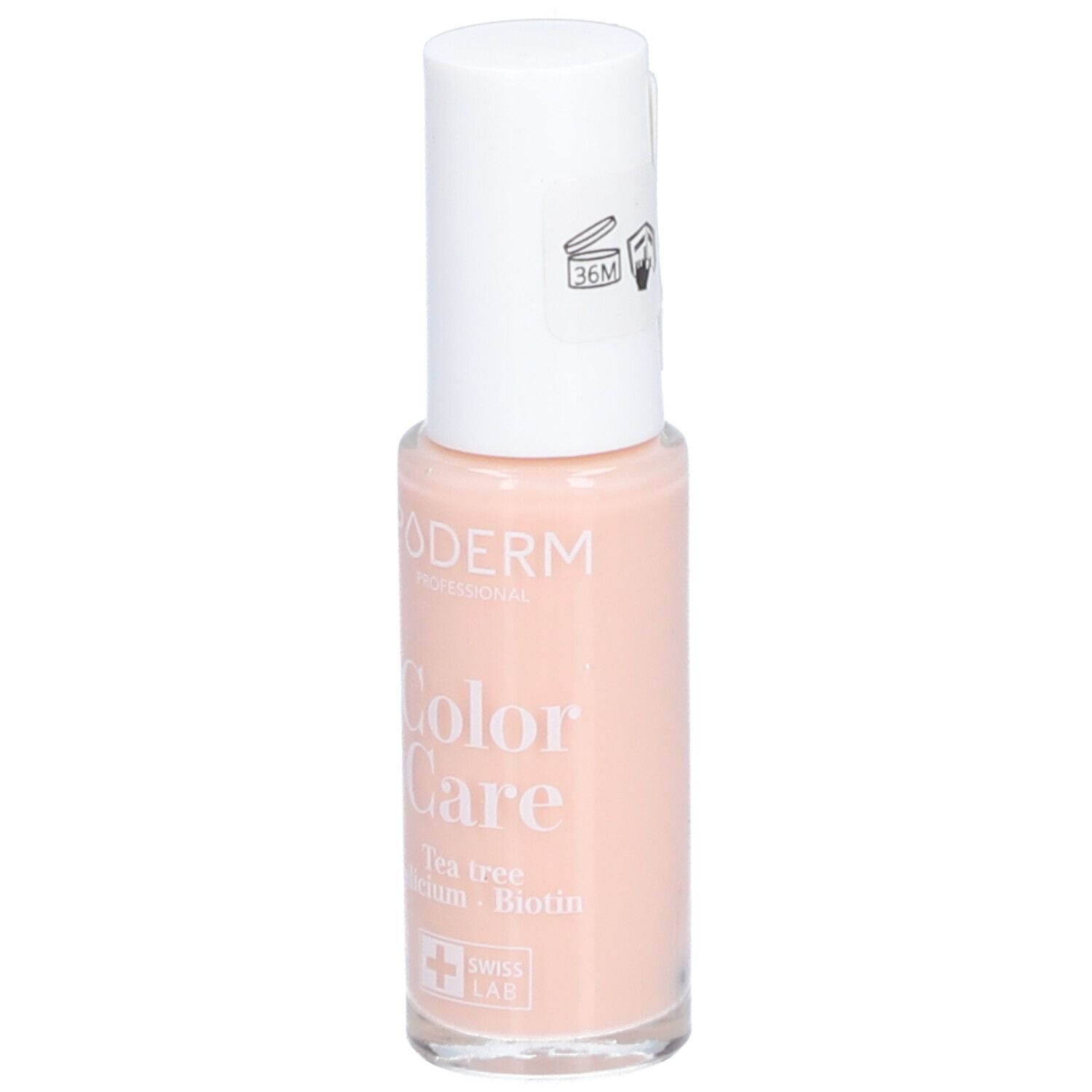 Nagellackflasche, rosa. Weißer Deckel. Aufschrift: PODERM, Color Care, Tea tree, Silicium, Biotin. Swiss Lab.