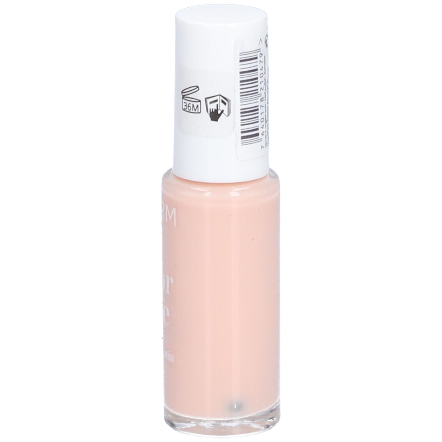 Nagellackflasche, rosa. Weißer Deckel mit Barcode. Aufschrift: PODERM, Color Care, Tea tree, Silicium, Biotin. Swiss Lab.
