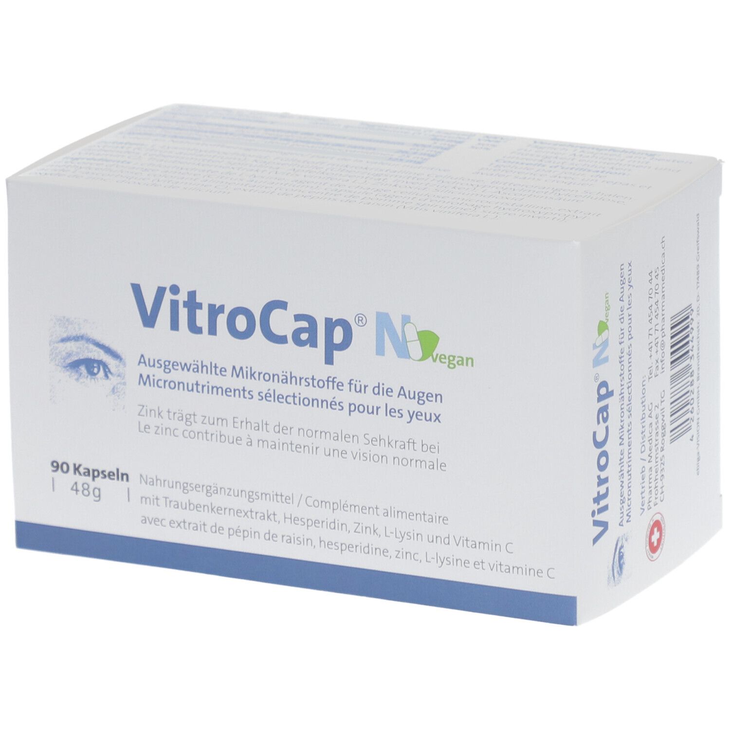 Weiße Schachtel mit "VitroCap N vegan". Enthält 90 Kapseln. Aufdrucke: Ausgewählte Mikronährstoffe für die Augen.