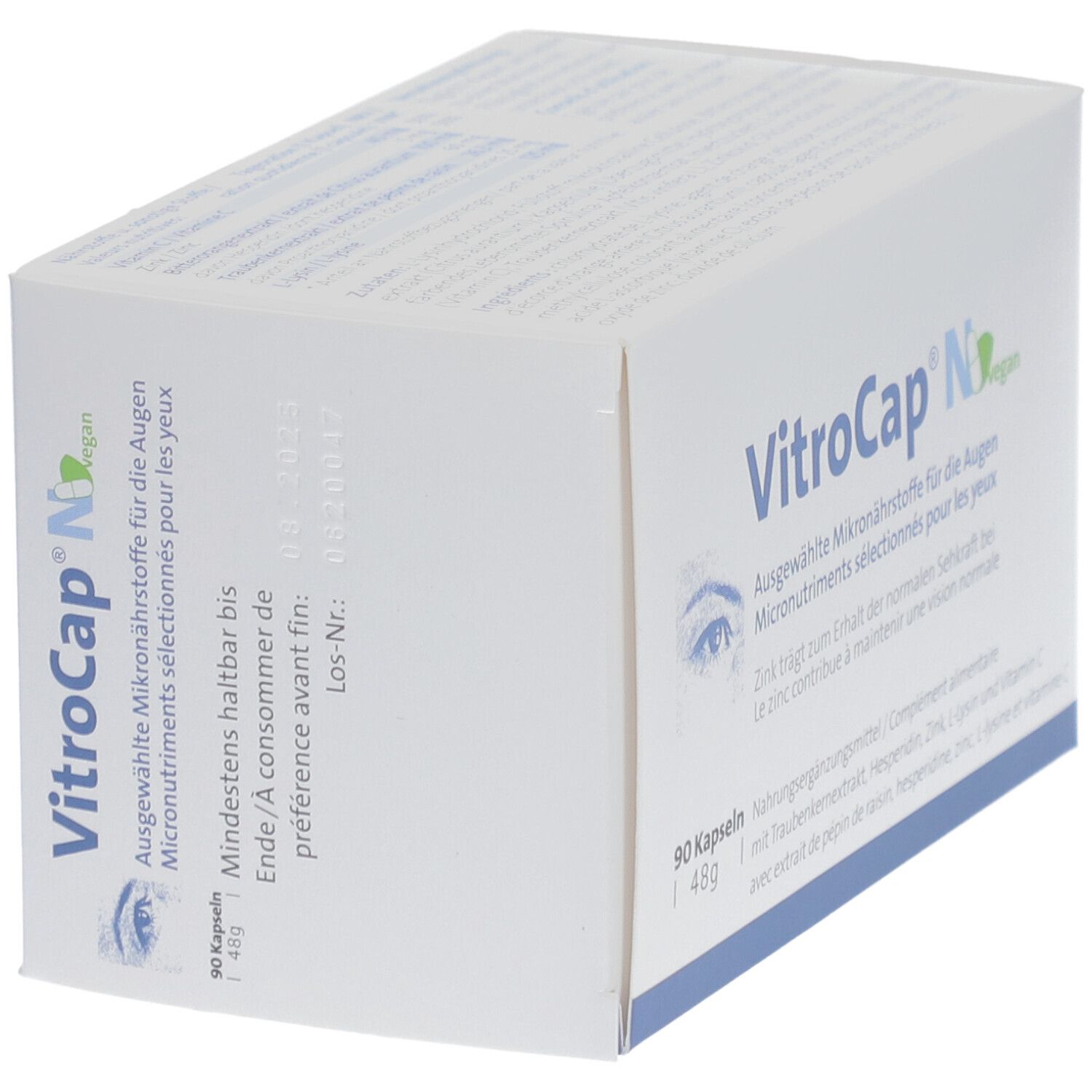 Weiße Schachtel "VitroCap N vegan". Aufdrucke: Ausgewählte Mikronährstoffe für die Augen. Mindestens haltbar bis...