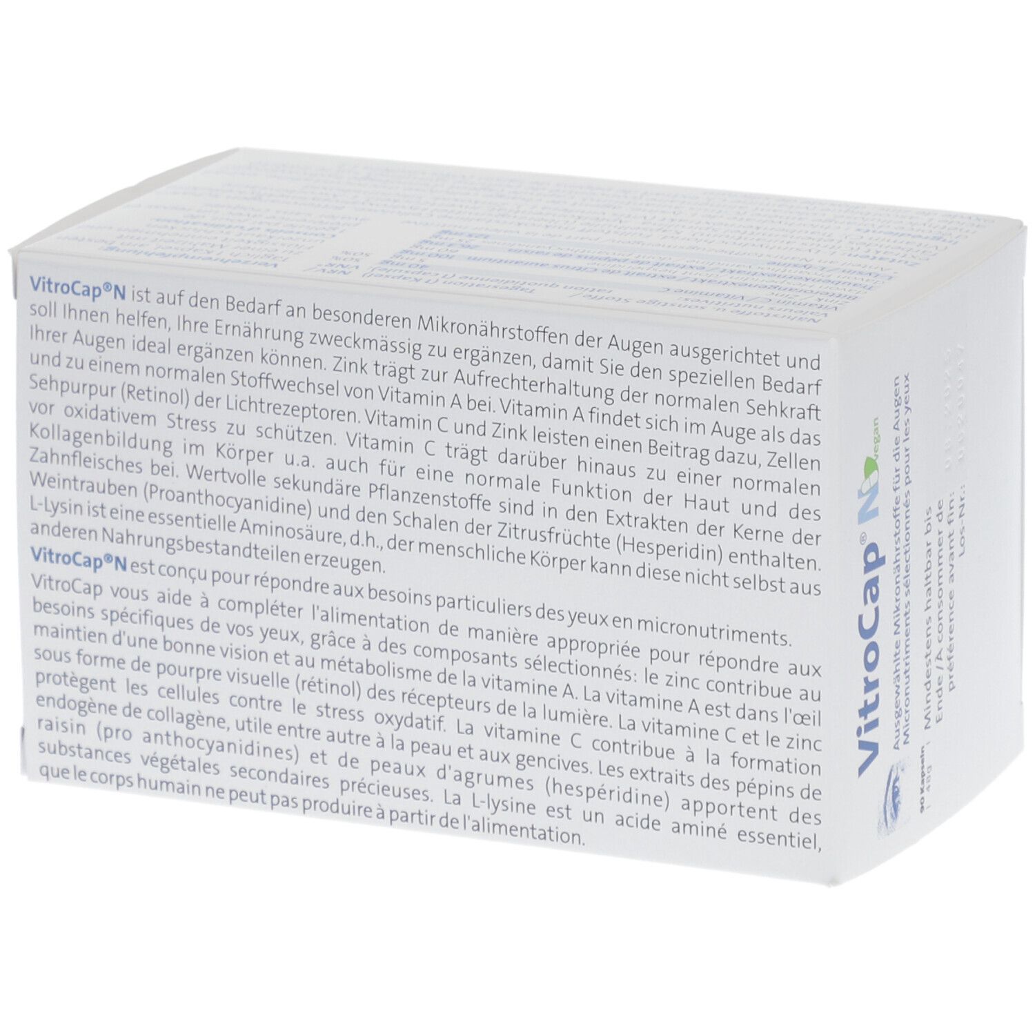 Weiße Schachtel "VitroCap N vegan". Text: Mikronährstoffe für die Augen. Enthält Zink, Vitamin C und L-Lysin.