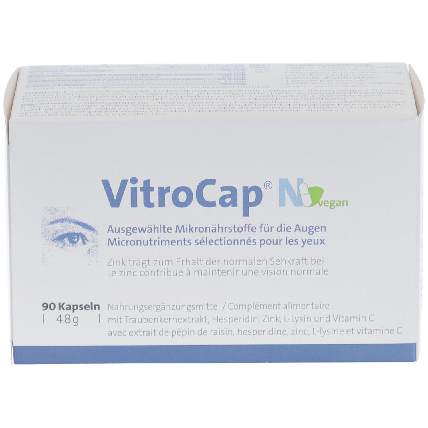 Weiße Schachtel "VitroCap N vegan". Enthält 90 Kapseln. Aufdrucke: Ausgewählte Mikronährstoffe für die Augen.