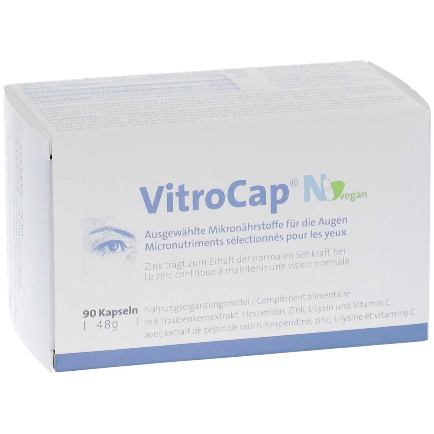 Weiße Schachtel "VitroCap N vegan". Enthält 90 Kapseln. Aufdrucke: Ausgewählte Mikronährstoffe für die Augen.