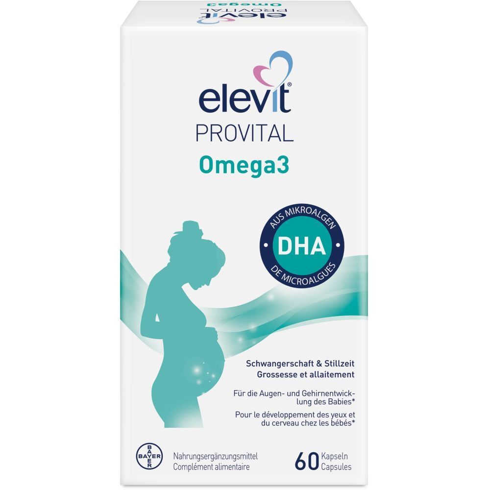 ELEVIT PROVITAL Omega3 DHA-Verpackung. Enthält 60 Kapseln. Schwangerschaft & Stillzeit. Mit DHA aus Mikroalgen.