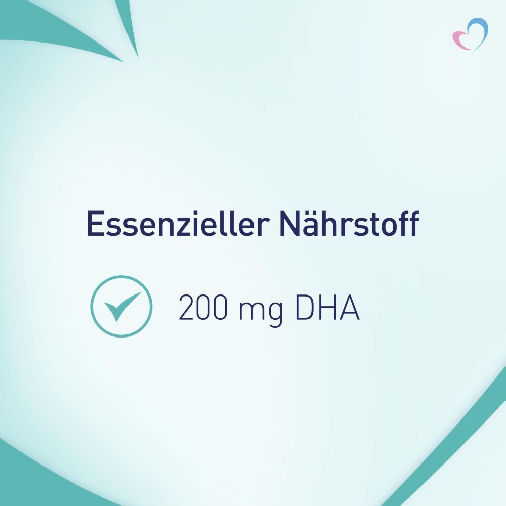 Text: Essentieller Nährstoff. 200 mg DHA. Grünes Häkchen-Symbol.