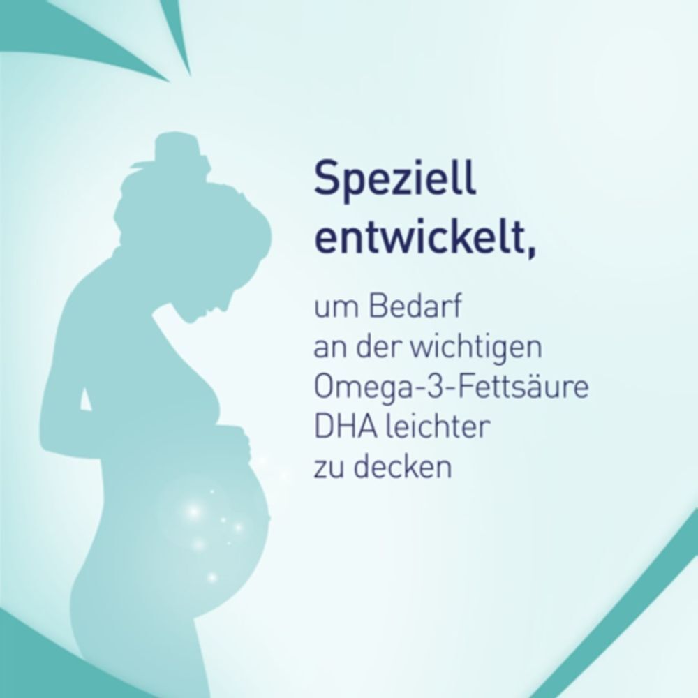 Grafik: Schwangere Frau. Text: Speziell entwickelt, um Bedarf an DHA zu decken.