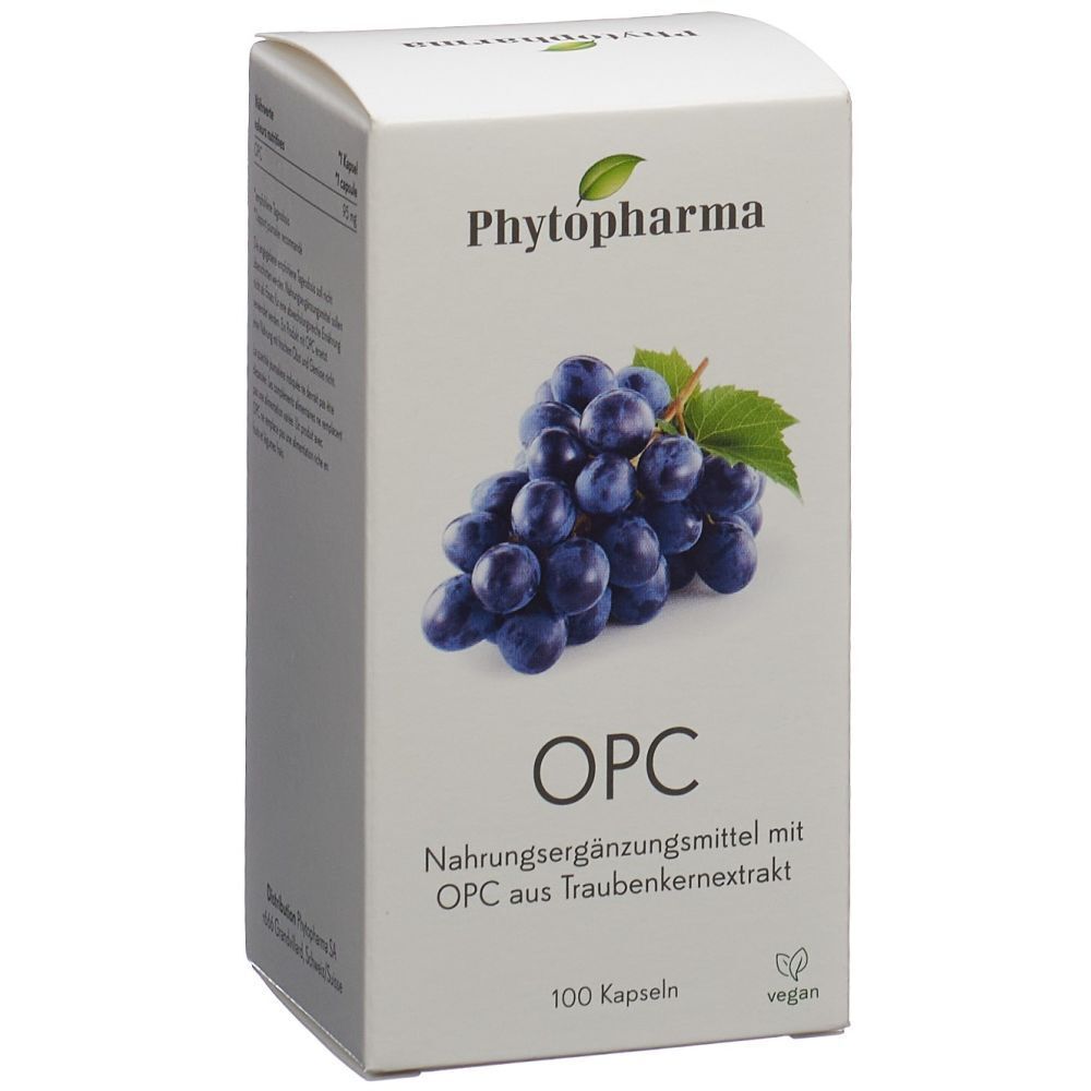 Weiße Schachtel mit PHYTOPHARMA OPC. Abbildung von Trauben. Text: OPC, Nahrungsergänzungsmittel, 100 Kapseln.
