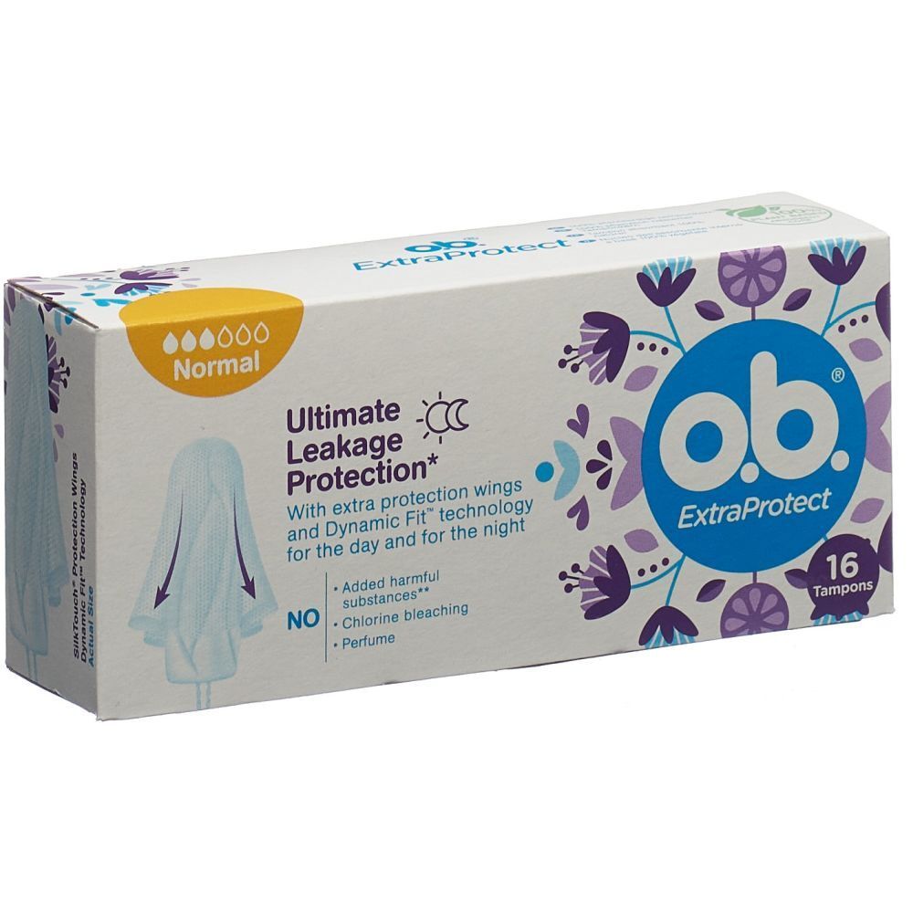 O.B. ExtraProtect Normal Tampons. Verpackung mit 16 Tampons. Mit Ultimate Leakage Protection und Dynamic Fit Technologie.