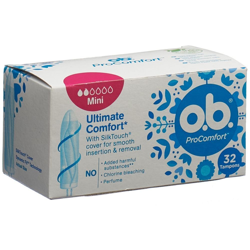 Karton mit O.B. ProComfort Mini Tampons. 32 Stück. Mit SilkTouch-Hülle. Keine schädlichen Stoffe, kein Chlorbleichmittel, kein Parfüm.