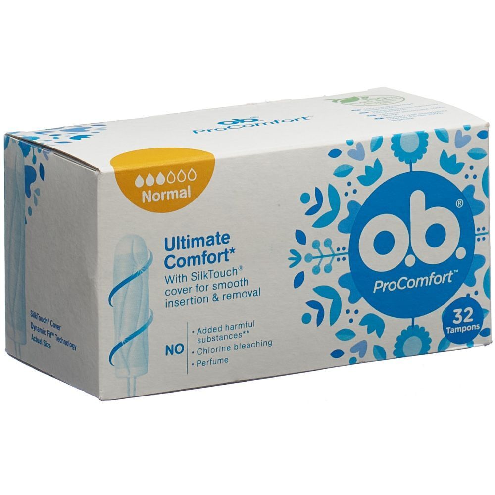 Boîte de tampons O.B. ProComfort, 32 unités. Inscription : Normal, Ultimate Comfort, enveloppe SilkTouch. Sans substances nocives, blanchiment au chlore, parfum.