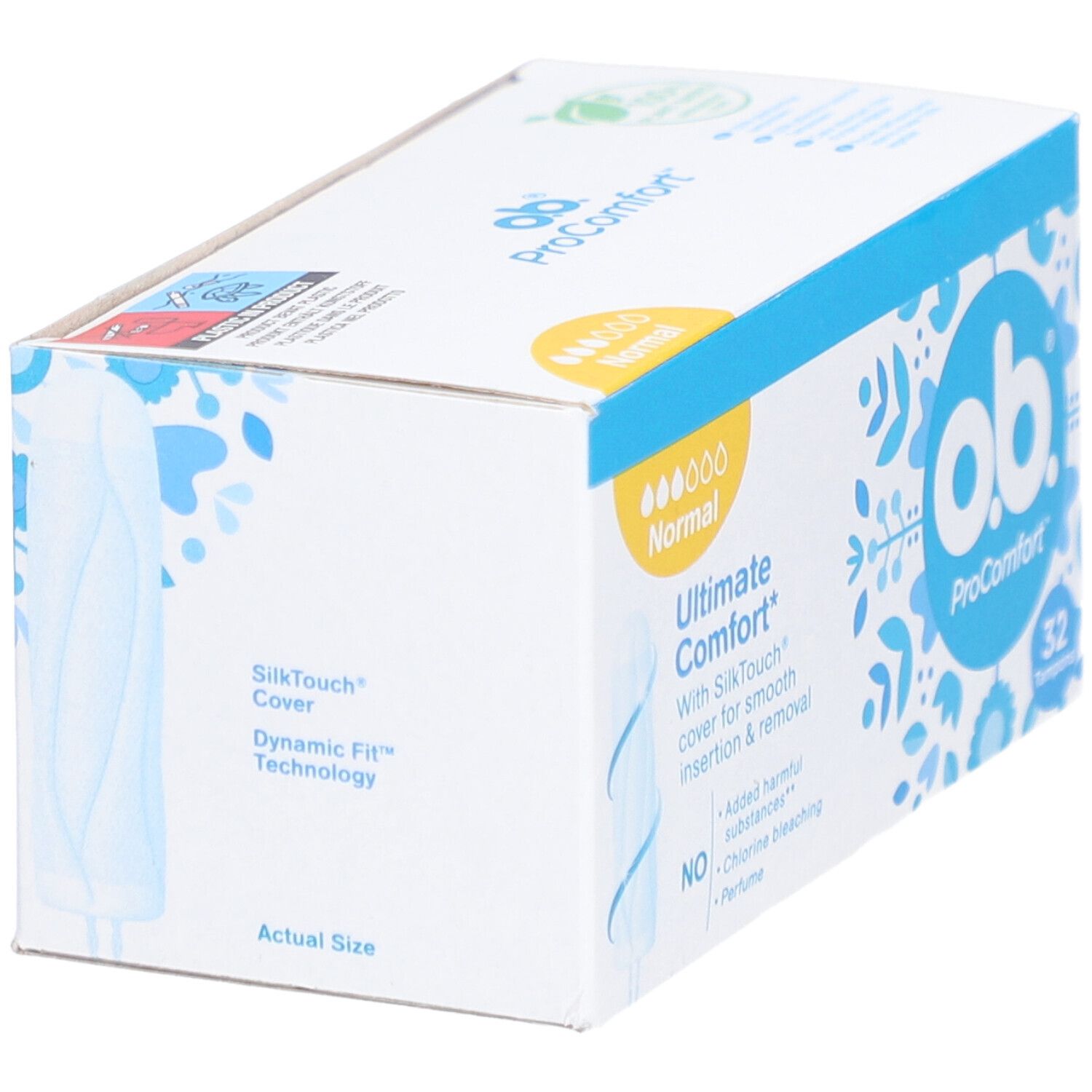 Schrägansicht der O.B. ProComfort Normal Verpackung. Blaue und weiße Schachtel mit Produktinformationen.