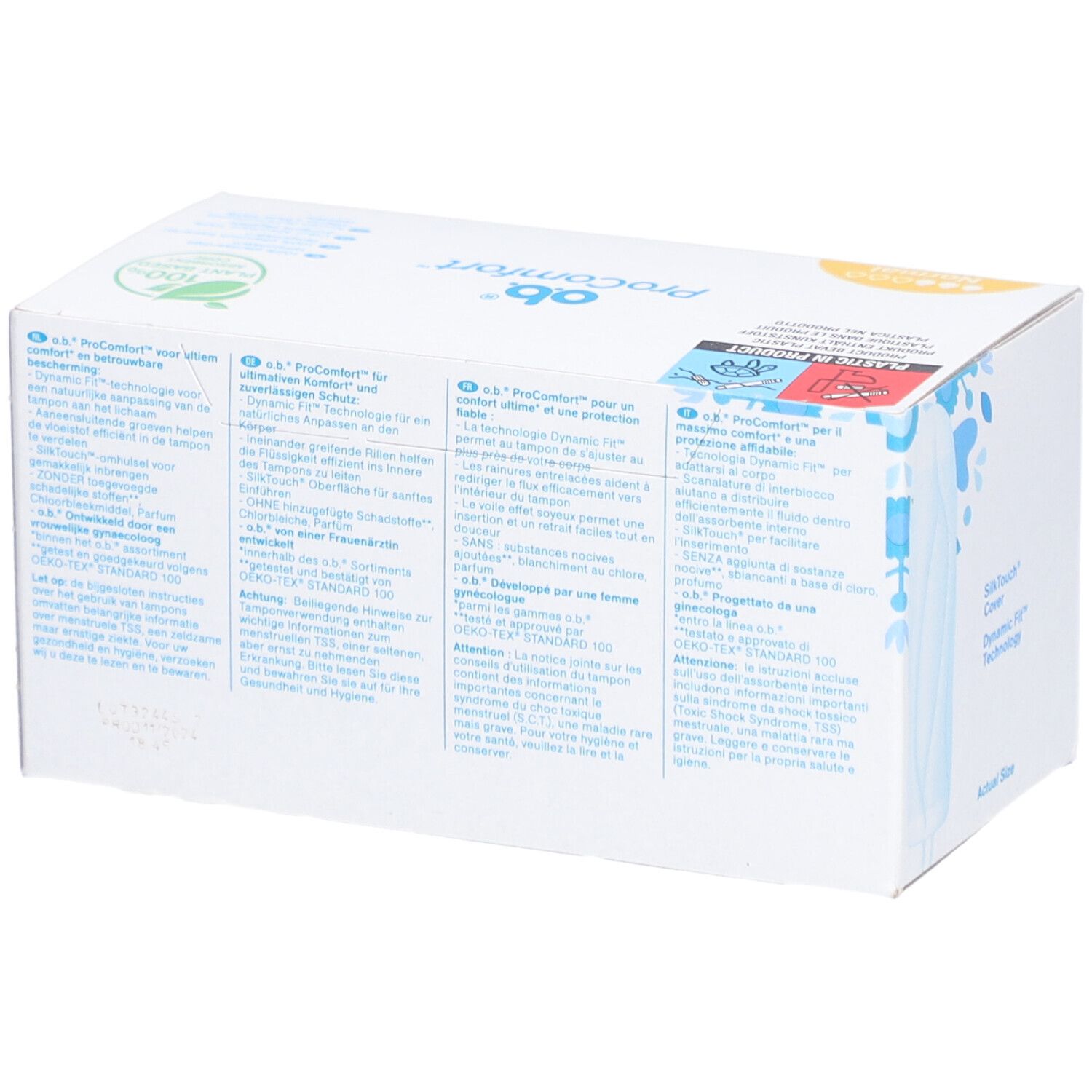 Rückseite der O.B. ProComfort Normal Verpackung. Text in mehreren Sprachen, Informationen zum Produkt.
