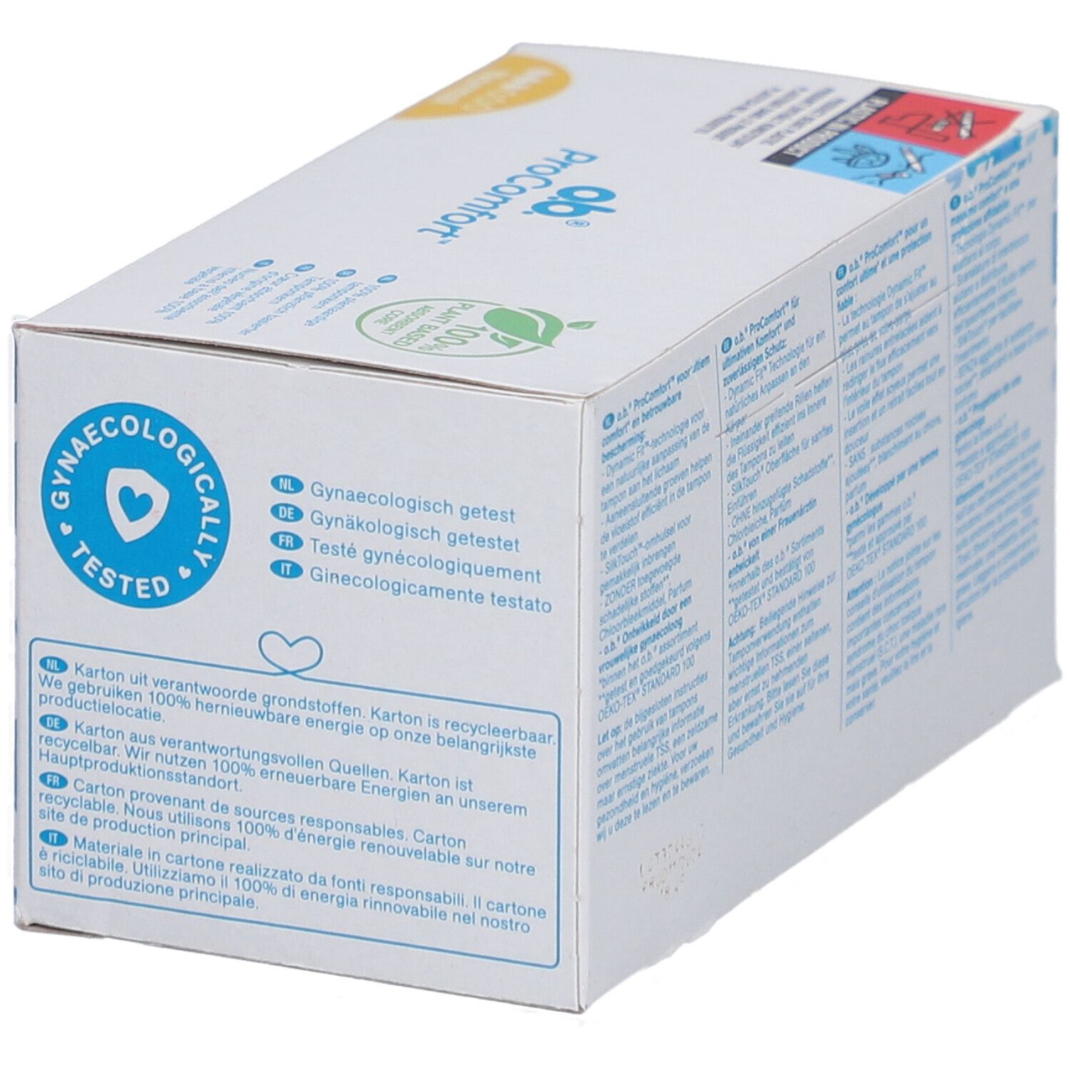 Rückseite der O.B. ProComfort Normal Verpackung. Gynäkologisch getestet. Informationen zur Nachhaltigkeit.