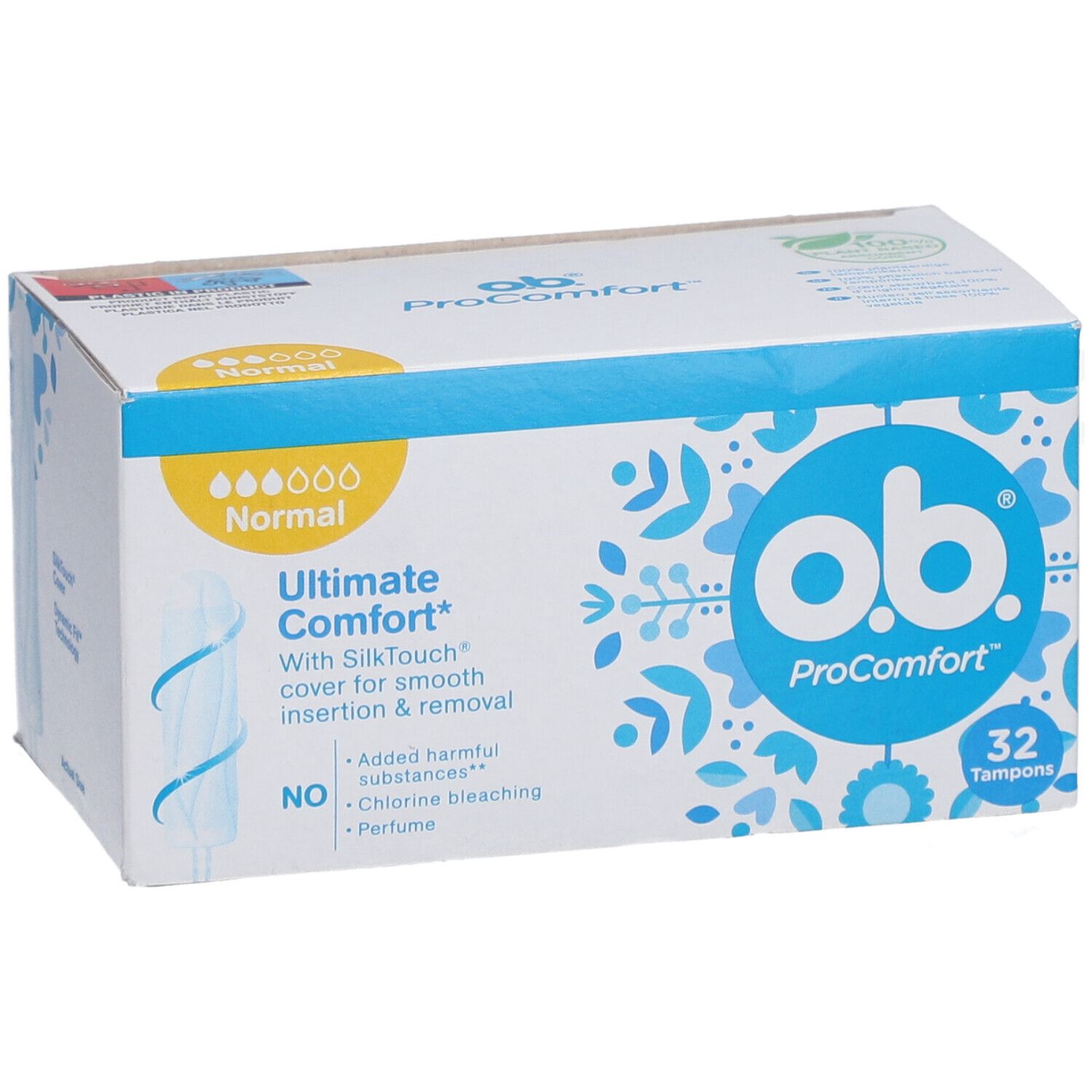 O.B. ProComfort Normal Packung mit 32 Tampons. Blaue und weiße Verpackung mit Produktinformationen.