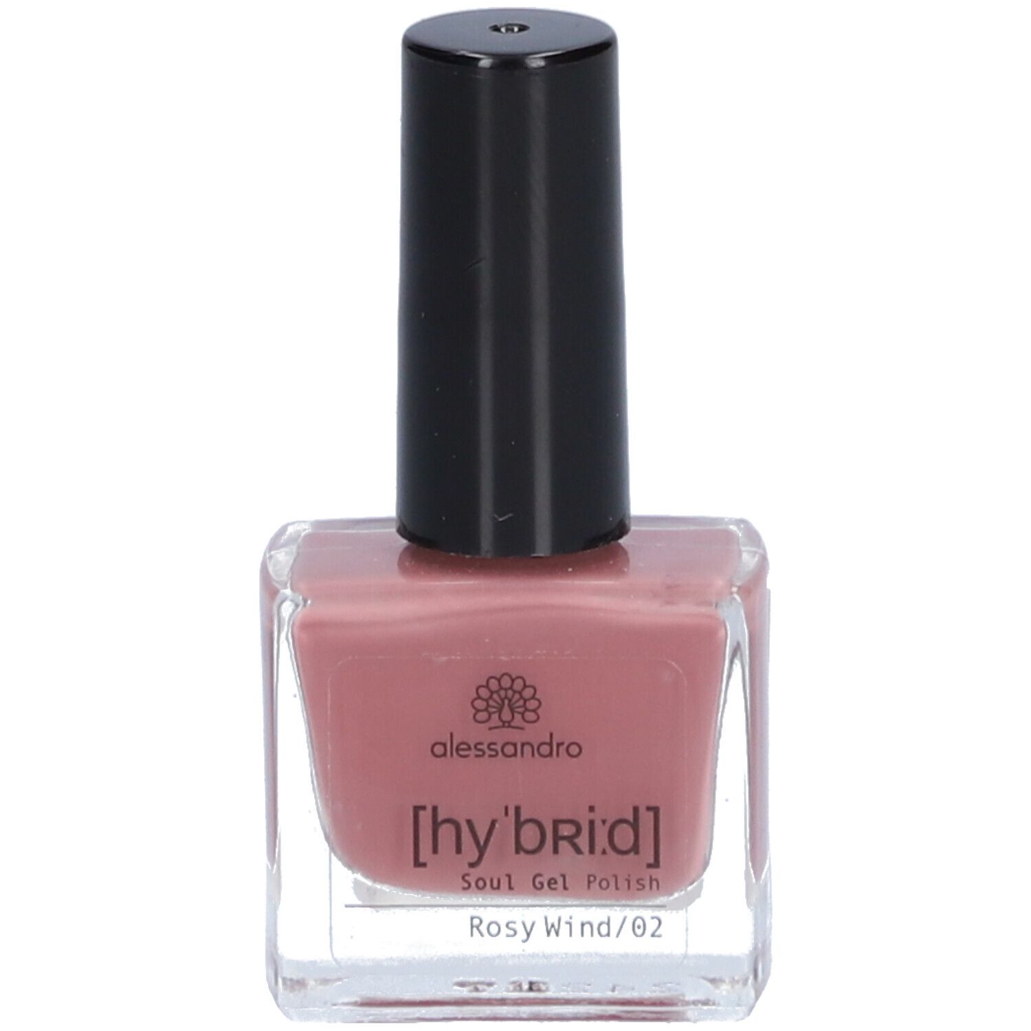 Flacon de vernis à ongles rose avec bouchon noir. Inscriptions : alessandro, [hy'br:id], Soul Gel Polish, Rosy Wind /02.