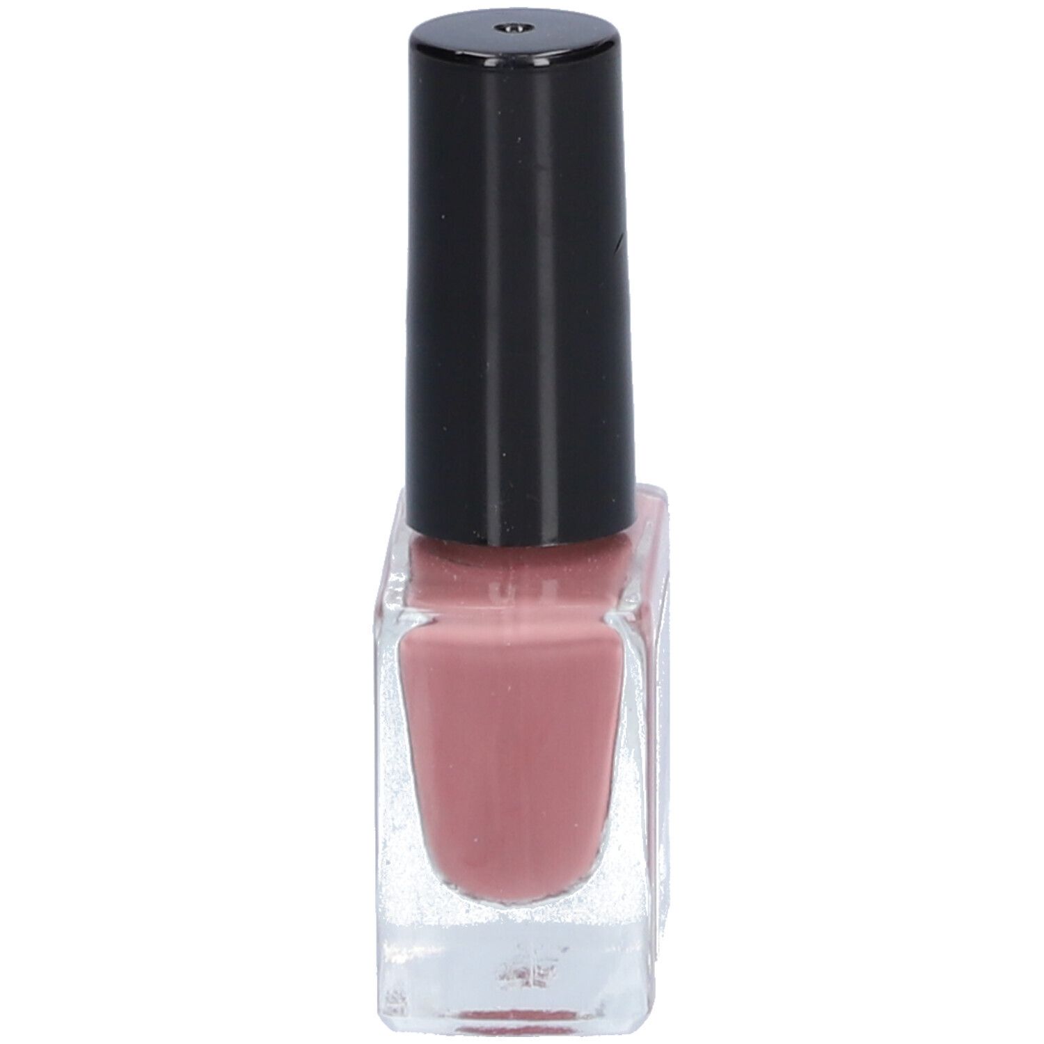 Flacon de vernis à ongles, contenu rose, bouchon noir. Flacon carré en verre. Nom du produit non visible.