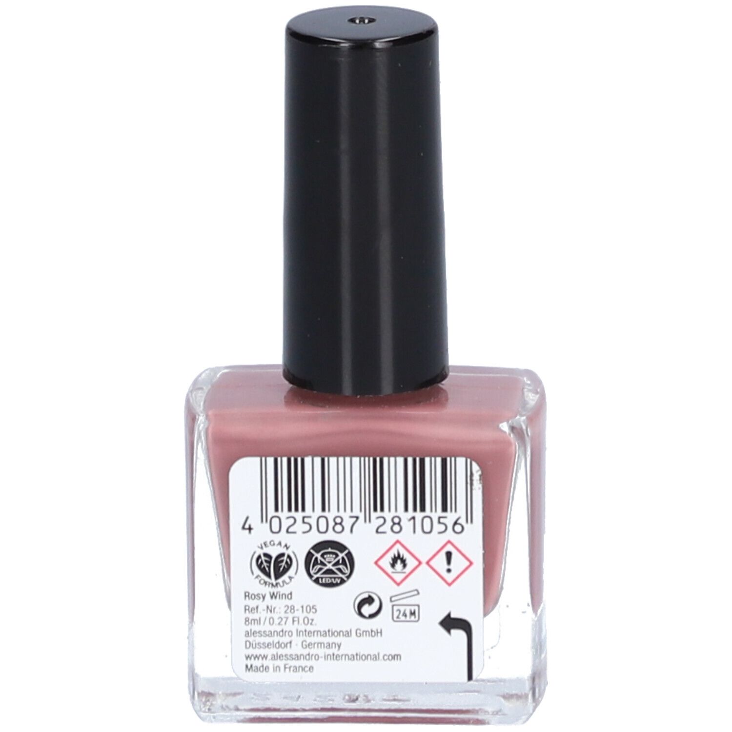 Flacon de vernis à ongles, dos. Code-barres, avertissements, ingrédients et informations fabricant. Nom du produit : Rosy Wind.