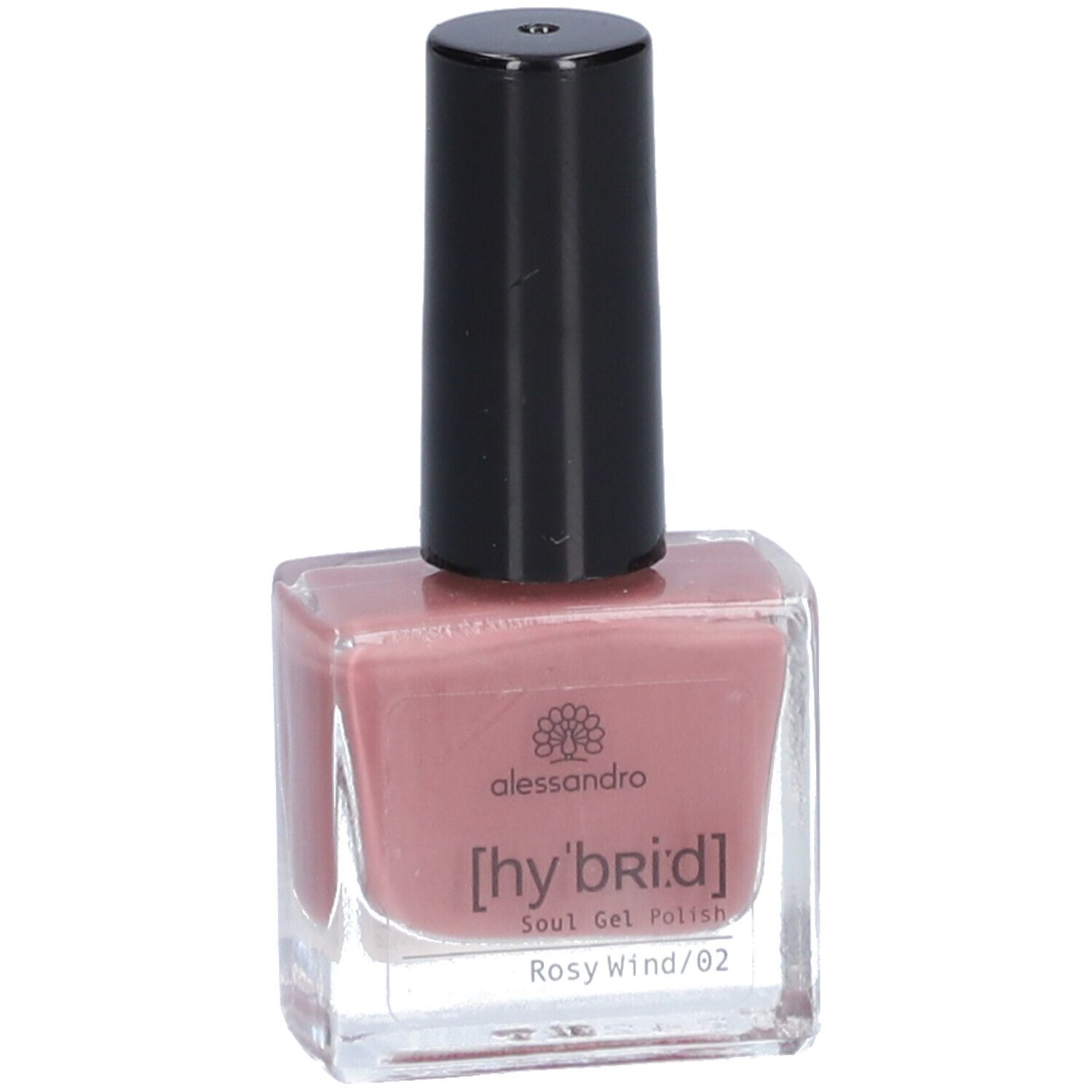 Flacon de vernis à ongles rose avec bouchon noir. Inscriptions : alessandro, [hy'br:id], Soul Gel Polish, Rosy Wind /02.