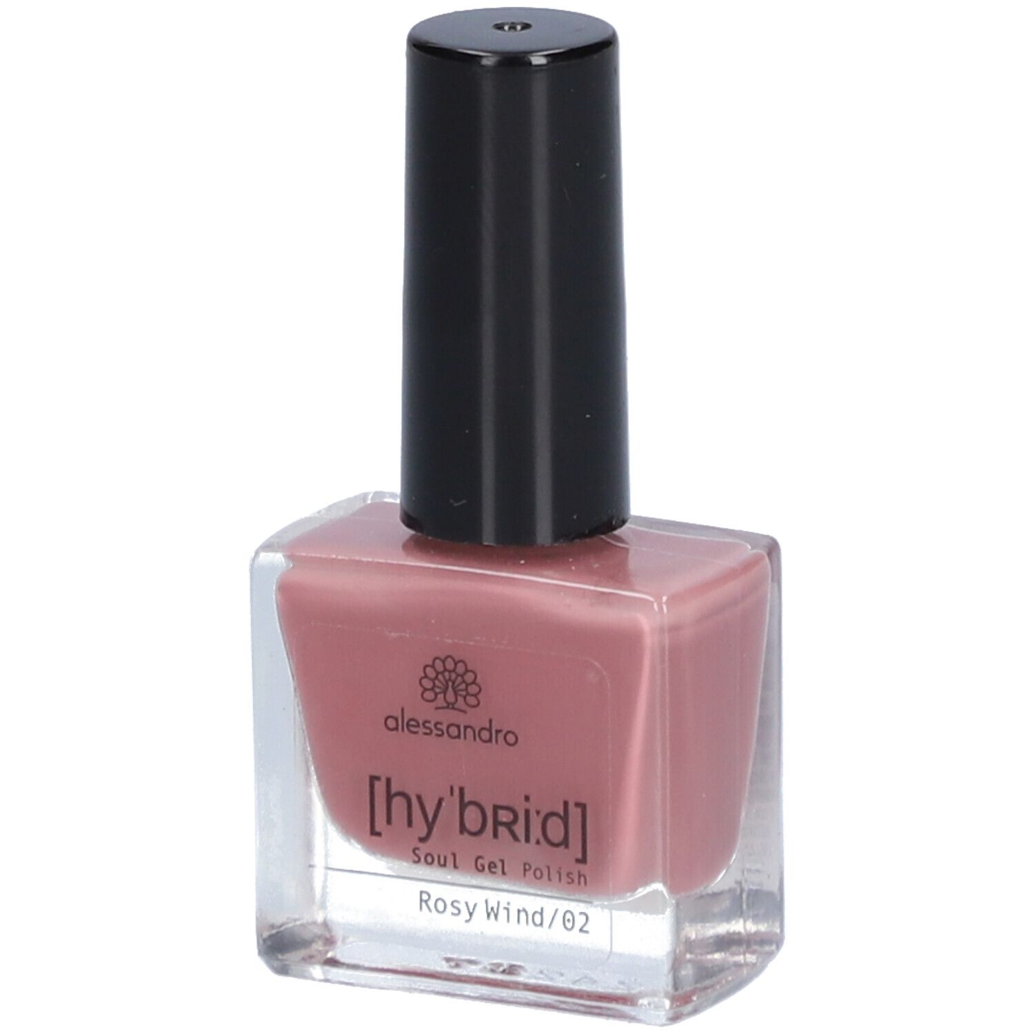 Flacon de vernis à ongles rose avec bouchon noir. Inscriptions : alessandro, [hy'br:id], Soul Gel Polish, Rosy Wind /02.