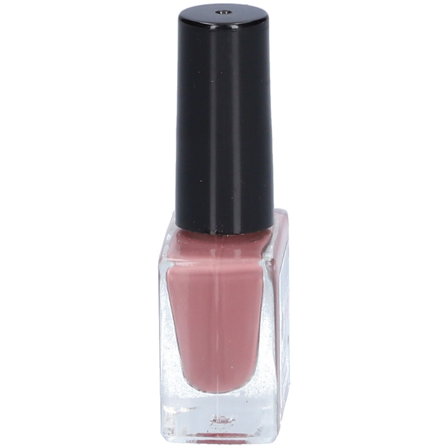 Flacon de vernis à ongles, contenu rose, bouchon noir. Flacon carré en verre. Nom du produit non visible.