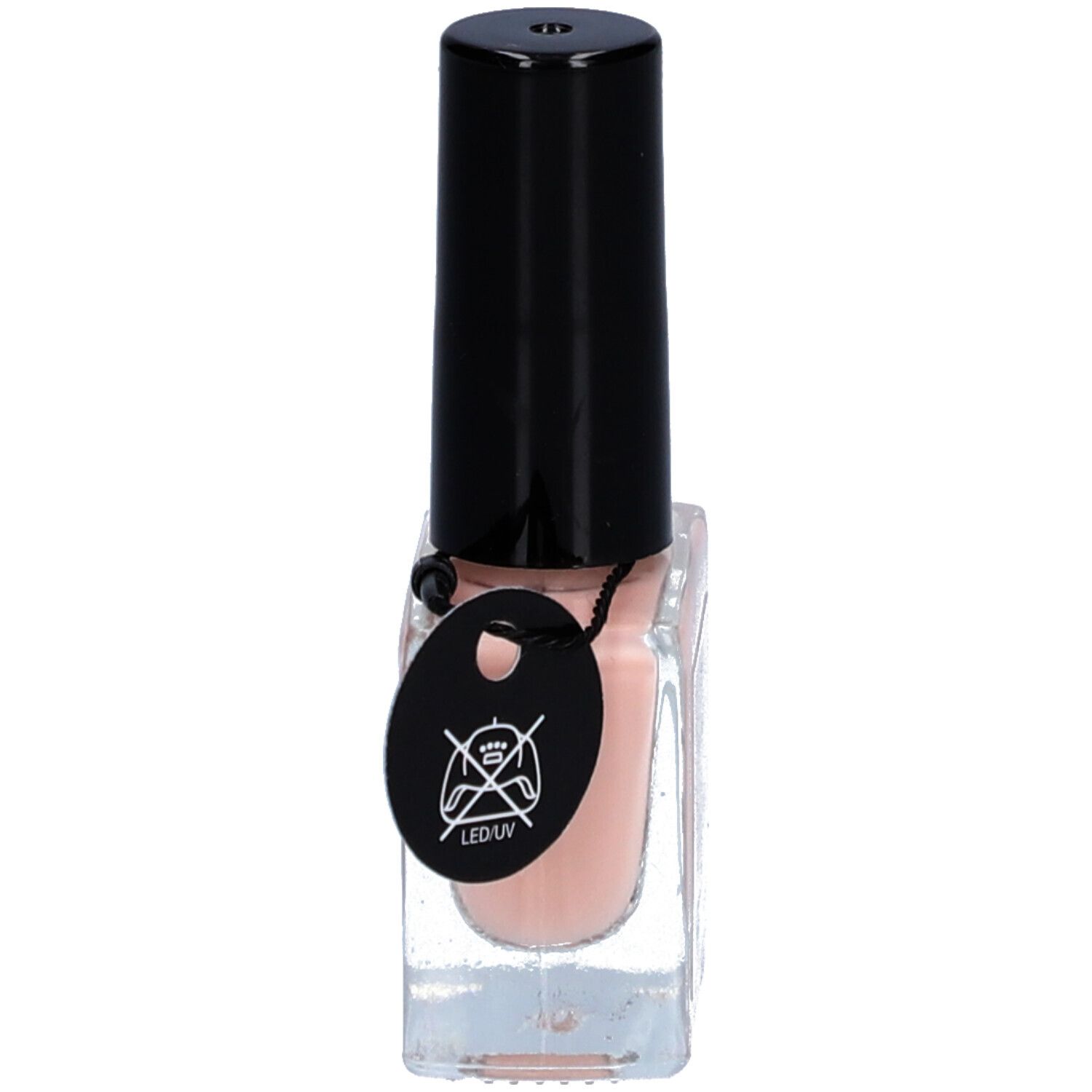 Nagellackflasche, hellrosa, mit schwarzem Deckel. Etikett mit Symbolen. Marke: alessandro, [hy'br'id] Soul Gel Polish.