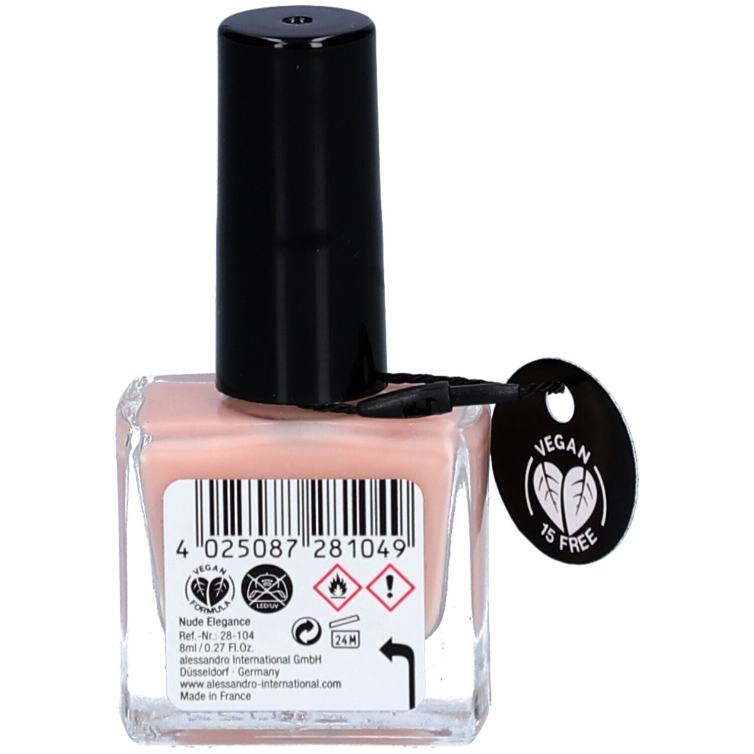 Nagellackflasche, hellrosa, mit schwarzem Deckel. Rückseite mit Barcode und Informationen. Vegan-Siegel.