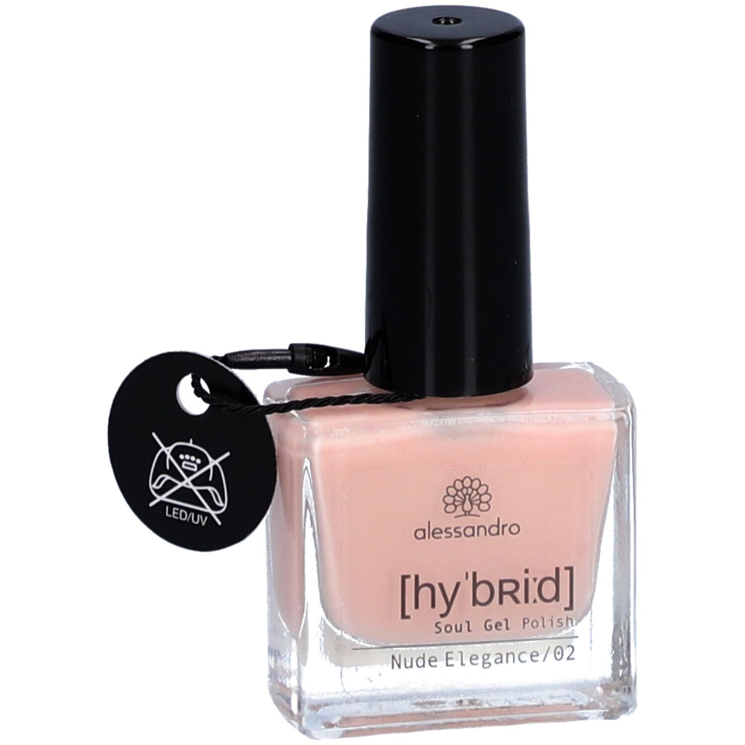 Nagellackflasche, hellrosa, mit schwarzem Deckel. Etikett mit Symbolen. Marke: alessandro, [hy'br'id] Soul Gel Polish.