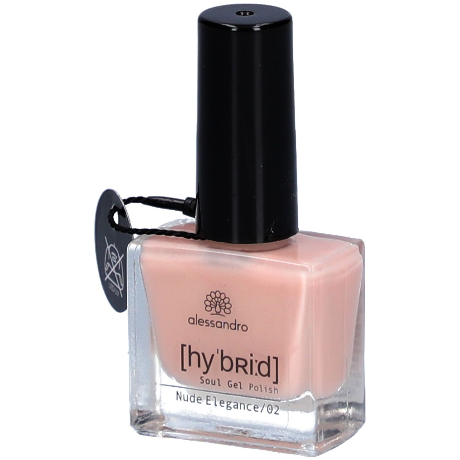 Nagellackflasche, hellrosa, mit schwarzem Deckel. Marke: alessandro, [hy'br'id] Soul Gel Polish. Nude Elegance/02.