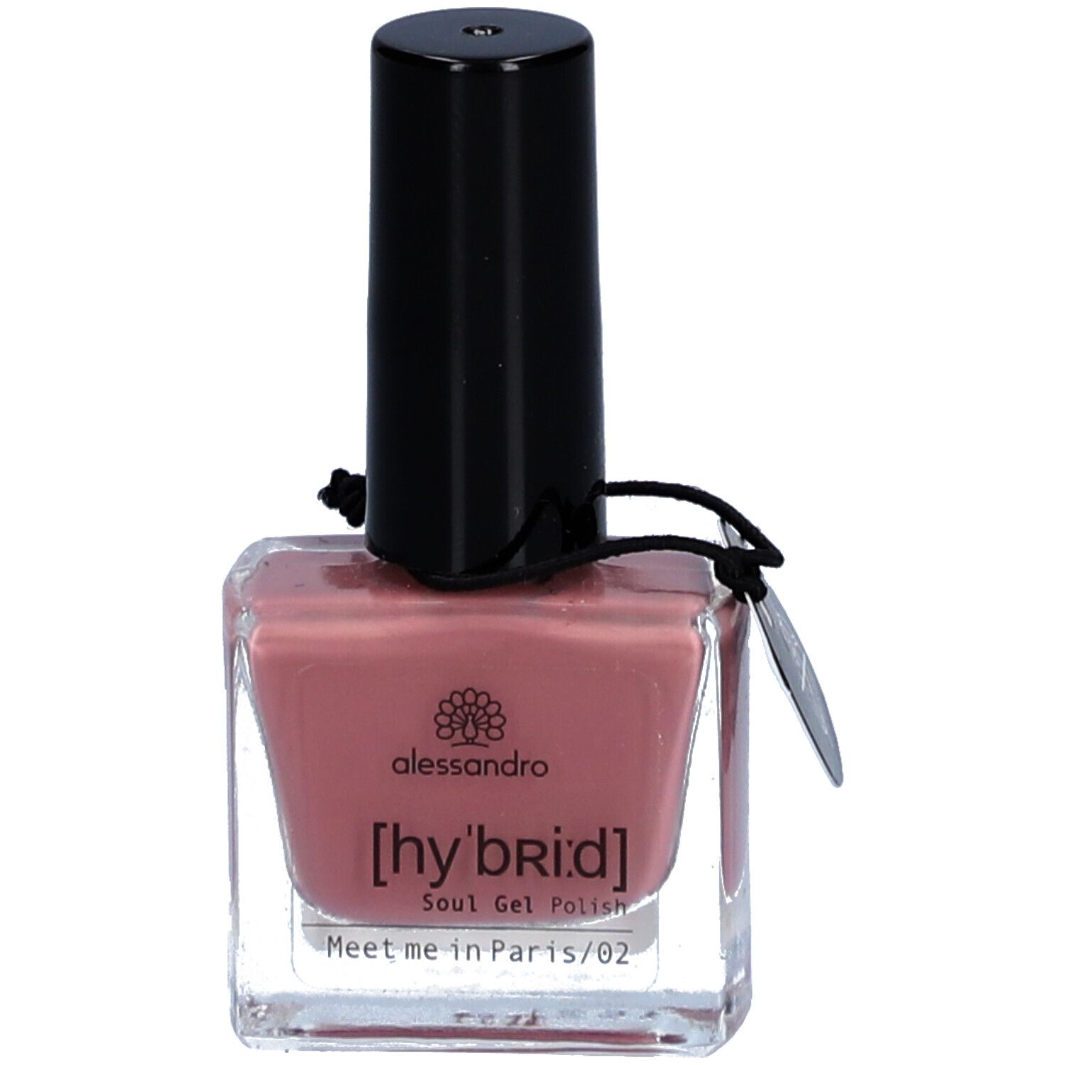 Flacon de vernis à ongles avec bouchon noir. Contenu rose. Inscription : alessandro, [hy'br:id], Meet me in Paris/02.
