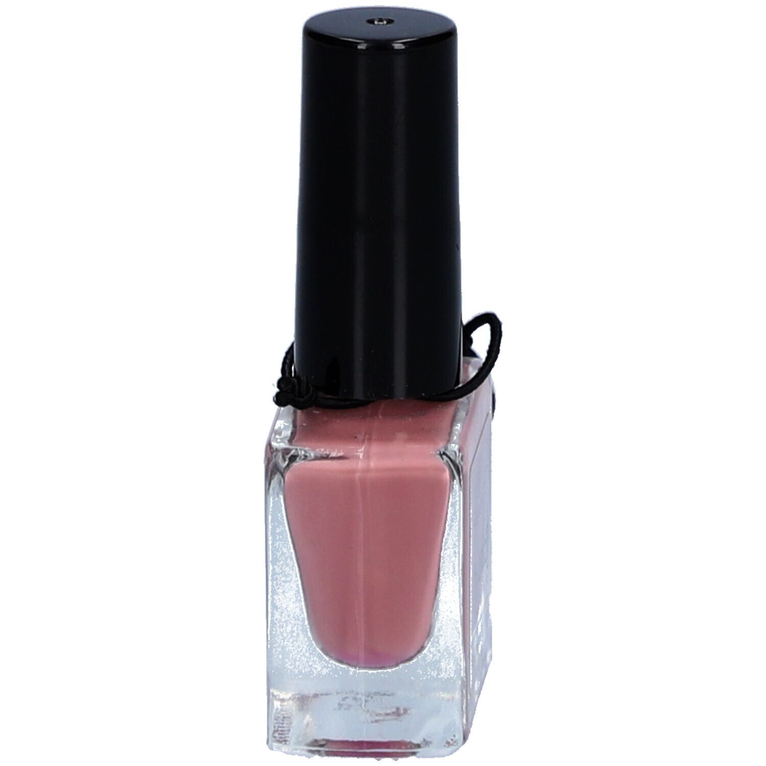 Flacon de vernis à ongles avec bouchon noir. Contenu rose. Forme carrée. Flacon transparent.