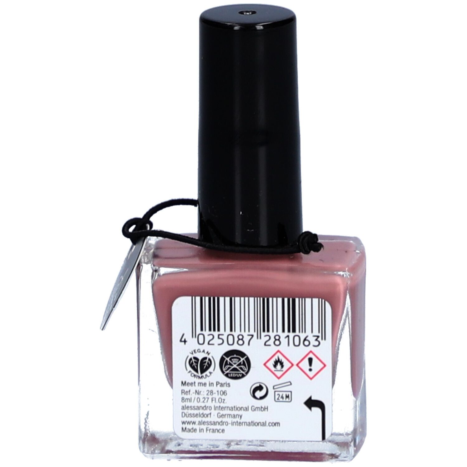 Flacon de vernis à ongles avec bouchon noir. Contenu rose. Code-barres et avertissements au dos. Inscription : alessandro.