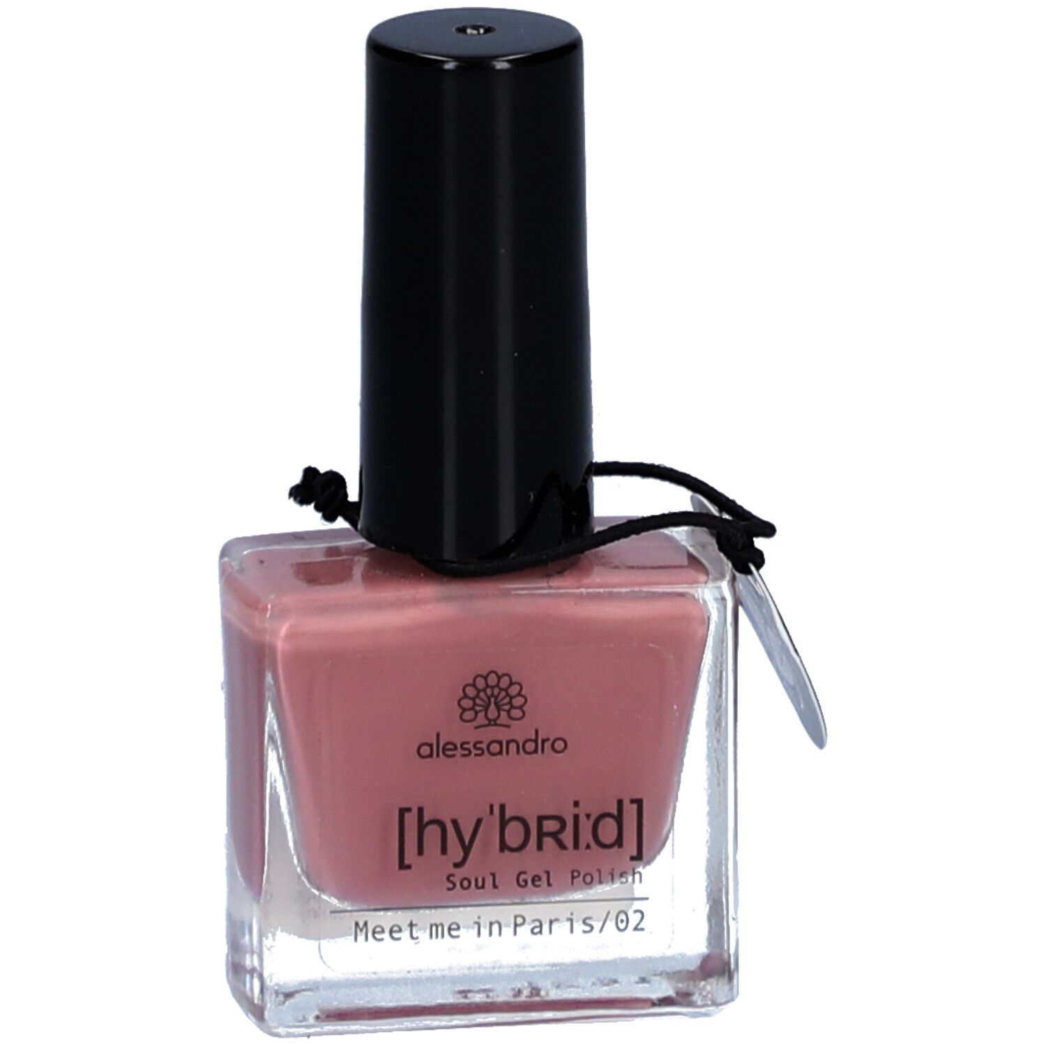 Flacon de vernis à ongles avec bouchon noir. Contenu rose. Inscription : alessandro, [hy'br:id], Meet me in Paris/02. Flacon transparent.