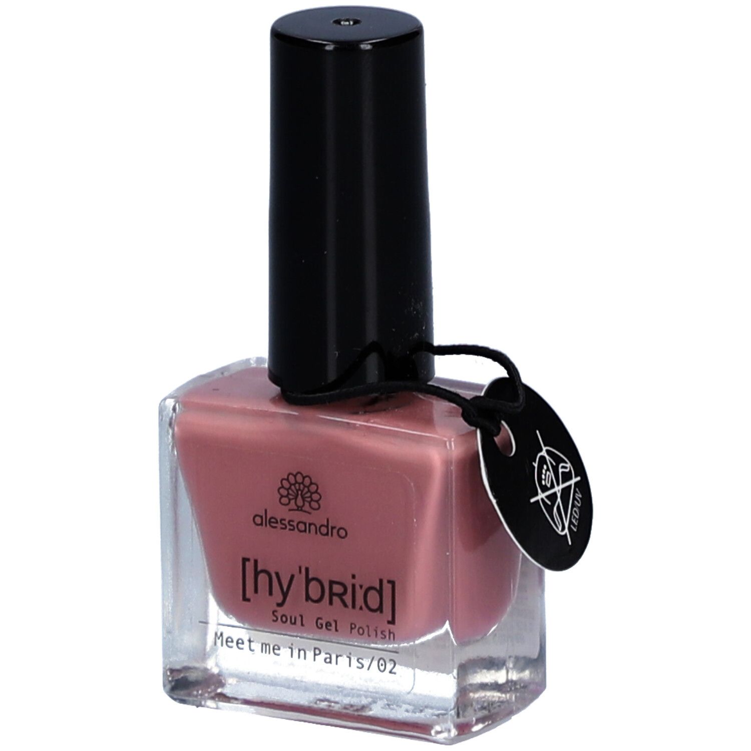 Flacon de vernis à ongles avec bouchon noir. Contenu rose. Inscription : alessandro, [hy'br:id], Meet me in Paris/02. Étiquette.