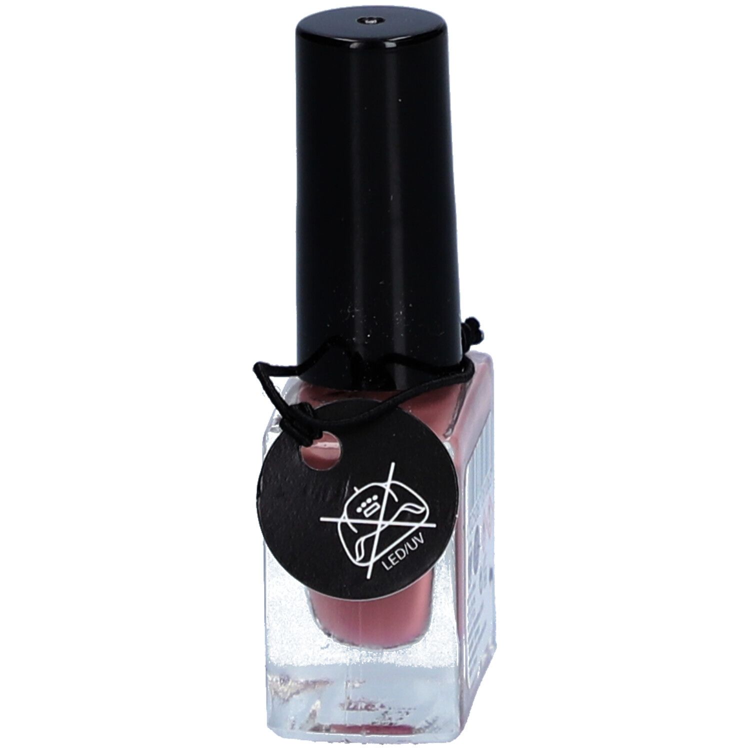 Flacon de vernis à ongles avec bouchon noir. Contenu rose. Étiquette avec logo et inscription LED/UV.