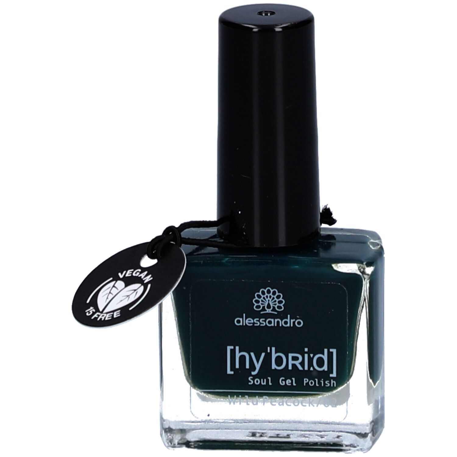 Alessandro [hy'br:id] Soul Gel Polish. Dunkelgrüner Nagellack in Glasflasche mit schwarzem Deckel. Vegan-Siegel.