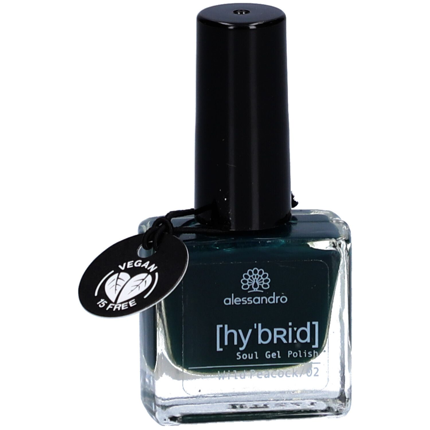 Alessandro [hy'br:id] Soul Gel Polish. Dunkelgrüner Nagellack in Glasflasche mit schwarzem Deckel. Vegan-Siegel.
