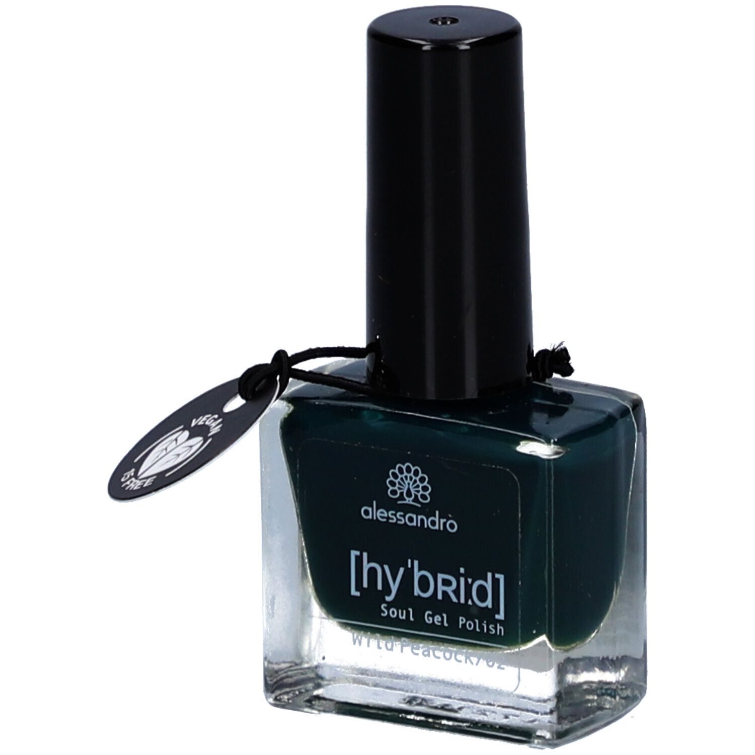 Alessandro [hy'br:id] Soul Gel Polish. Dunkelgrüner Nagellack in Glasflasche mit schwarzem Deckel. Vegan-Siegel.