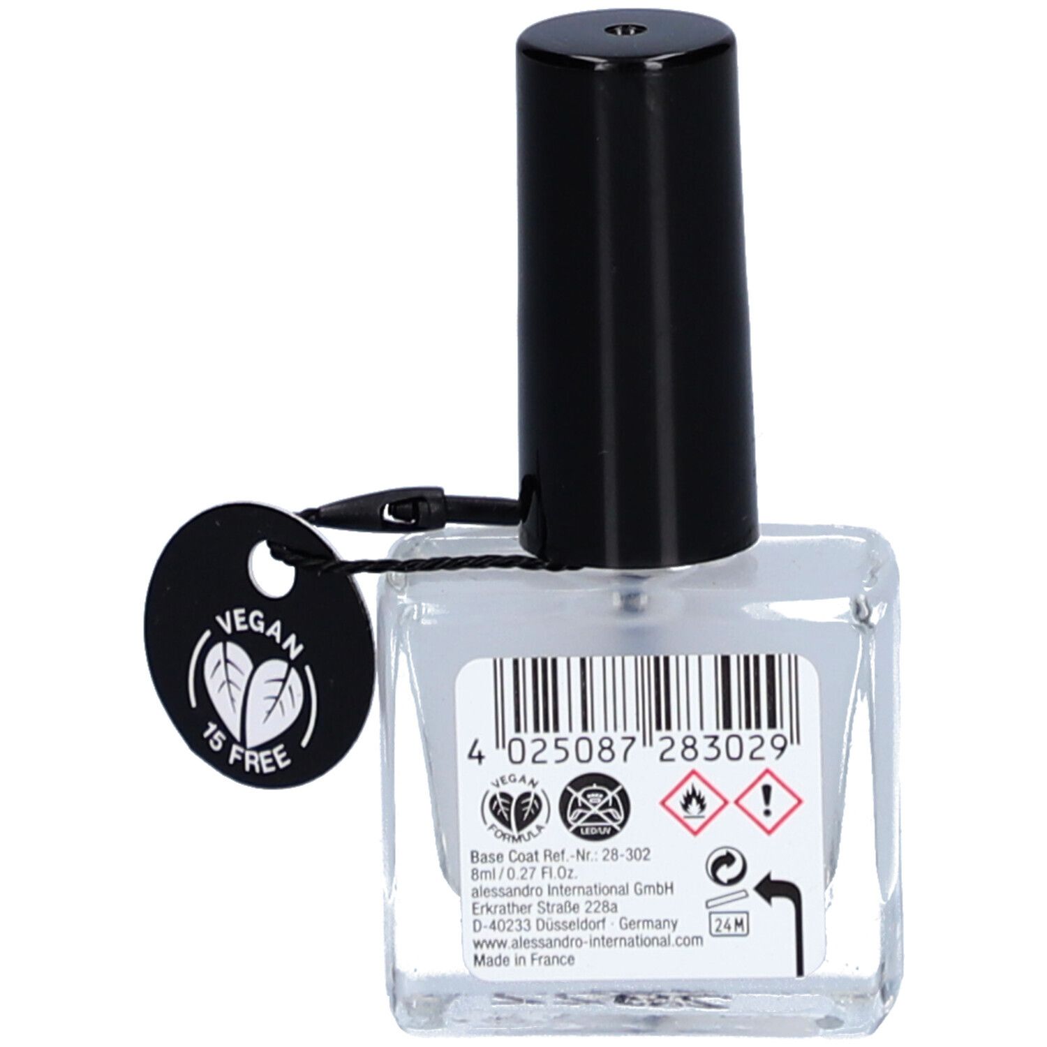 Flacon en verre avec bouchon noir. Étiquette avec informations produit et code-barres. Label vegan. Symboles de danger.