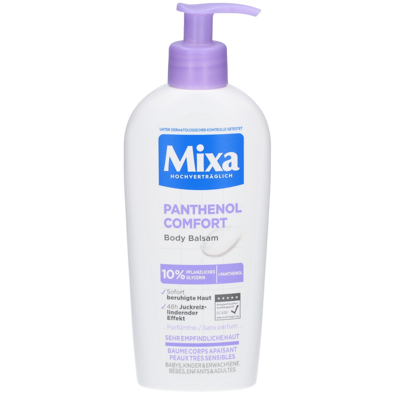 Weiße Flasche mit lila Pumpkopf. Aufschrift Mixa Panthenol Comfort Body Balsam. 10% Glycerin. Für empfindliche Haut.