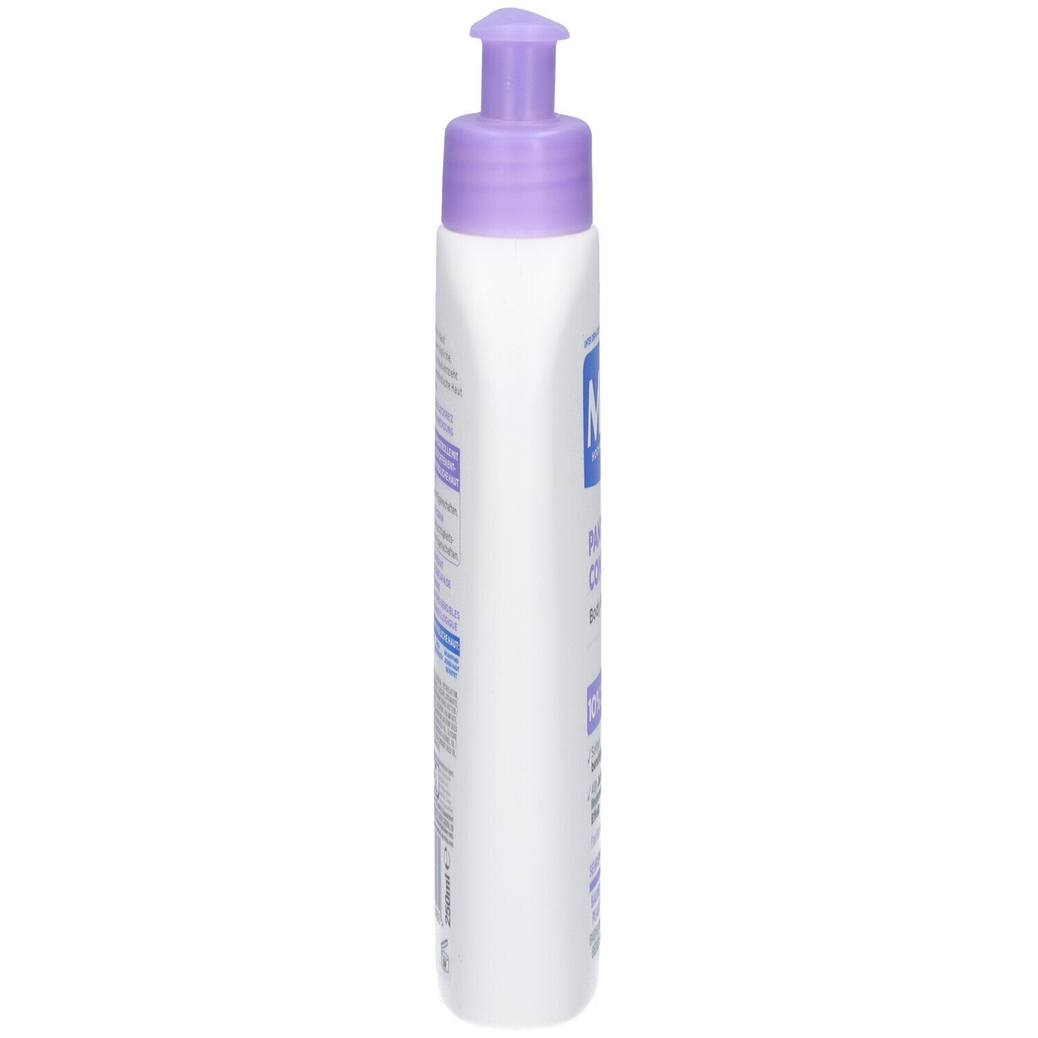 Weiße Flasche mit lila Pumpkopf. Seitenansicht. Text auf der Flasche. Mixa Panthenol Comfort Body Balsam.