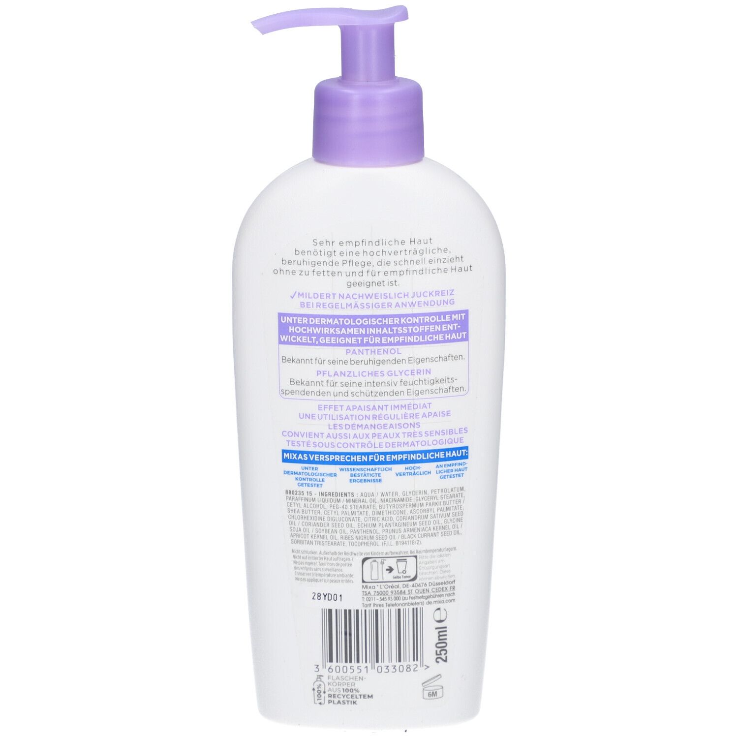 Rückseite der weißen Flasche mit lila Pumpkopf. Text und Informationen. Mixa Panthenol Comfort Body Balsam.
