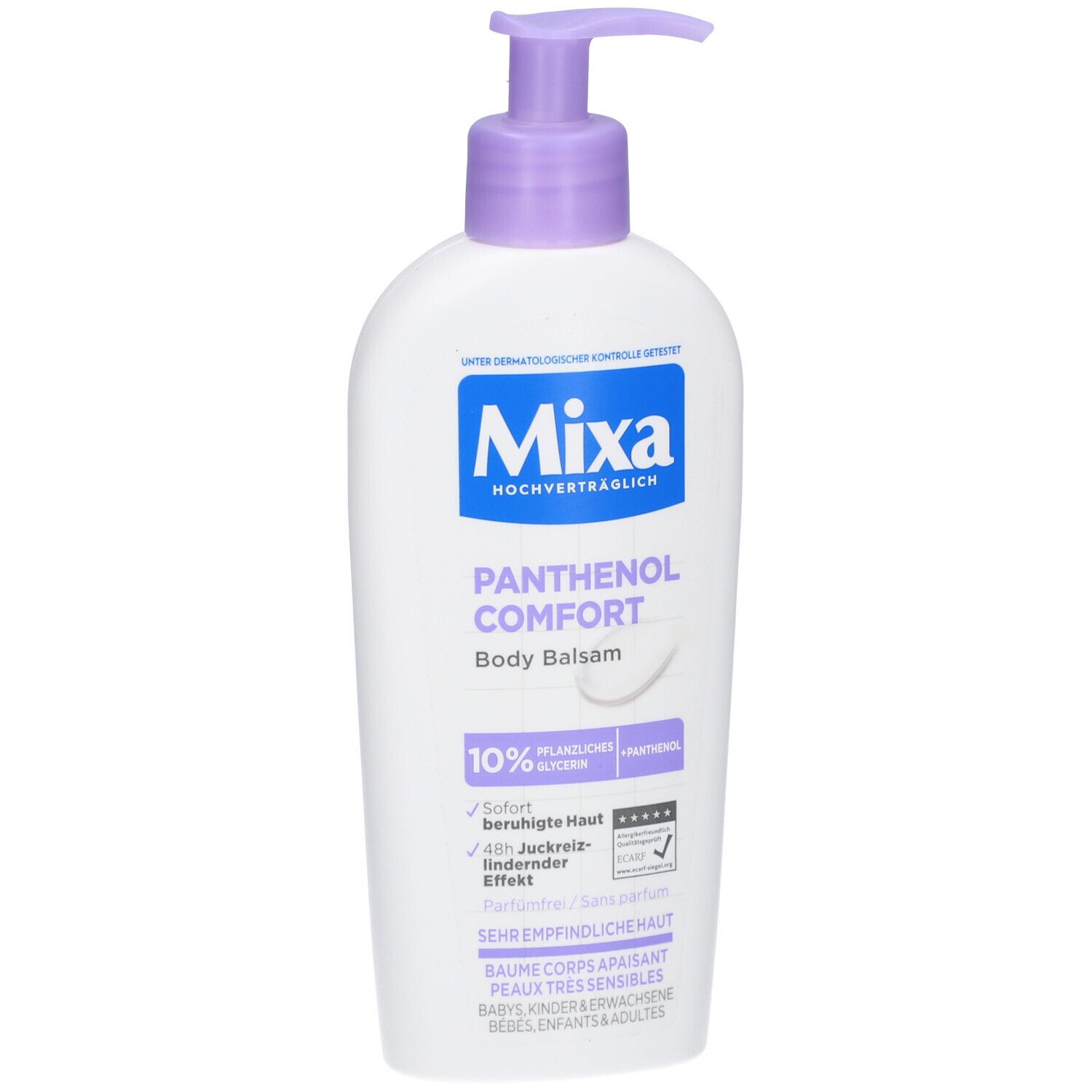 Weiße Flasche mit lila Pumpkopf. Aufschrift Mixa Panthenol Comfort Body Balsam. 10% Glycerin. Für empfindliche Haut.