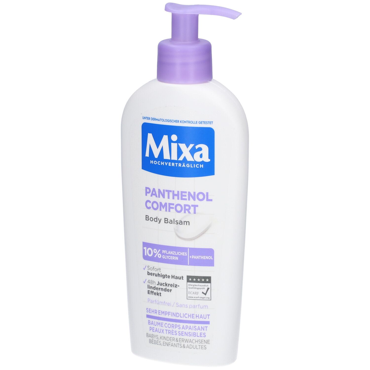 Weiße Flasche mit lila Pumpkopf. Aufschrift Mixa Panthenol Comfort Body Balsam. 10% Glycerin. Für empfindliche Haut.