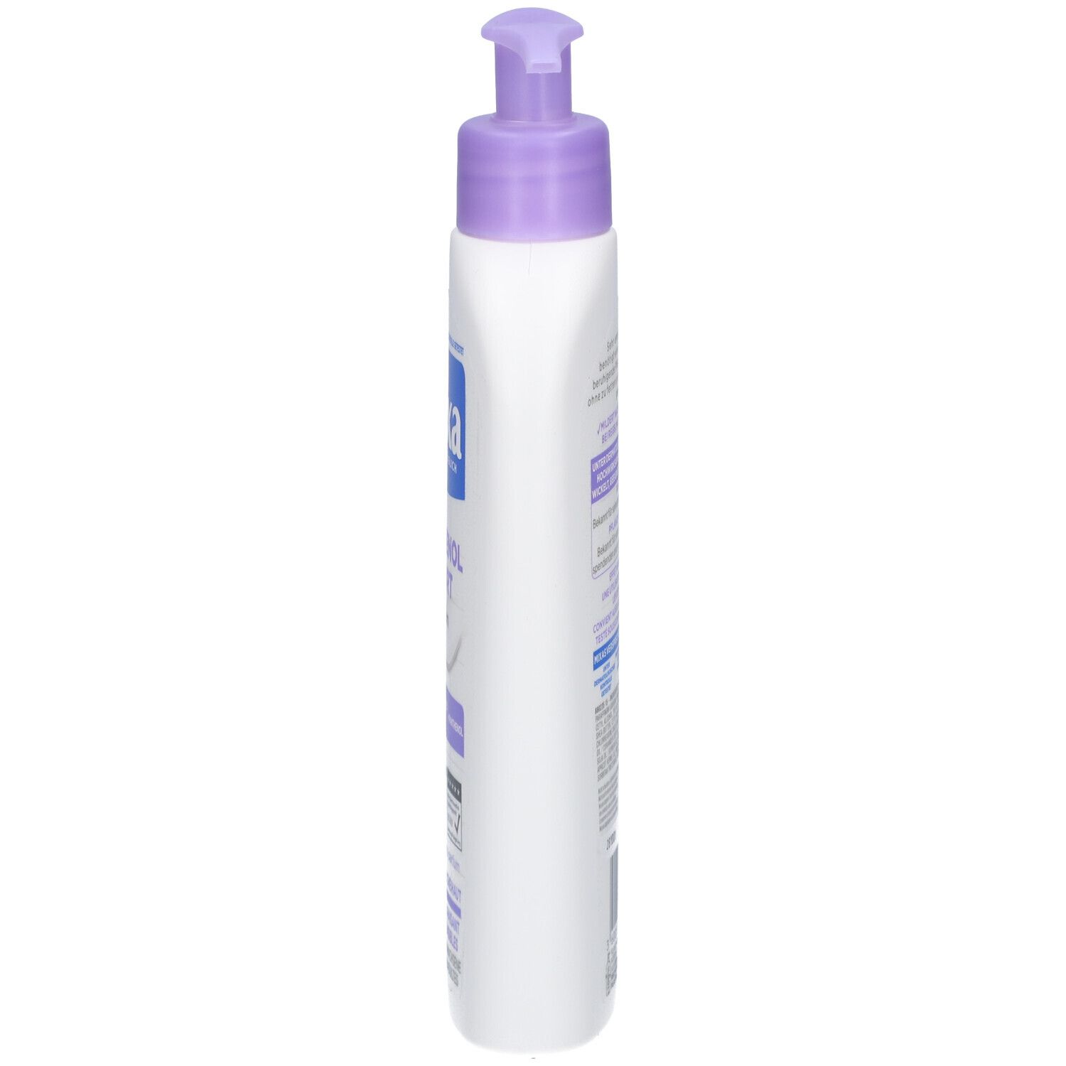 Weiße Flasche mit lila Pumpkopf. Seitenansicht. Text auf der Flasche. Mixa Panthenol Comfort Body Balsam.