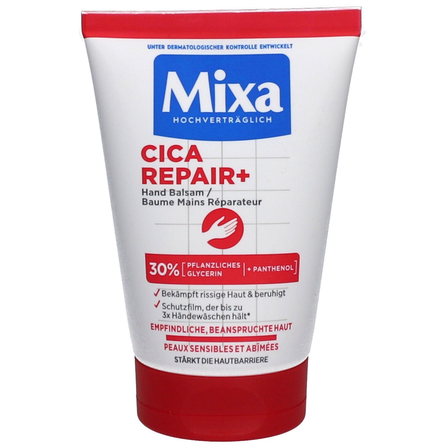 Weiße Tube mit rotem Deckel. Mixa Cica Repair+ Handbalsam. Enthält Glycerin und Panthenol. Für empfindliche Haut.
