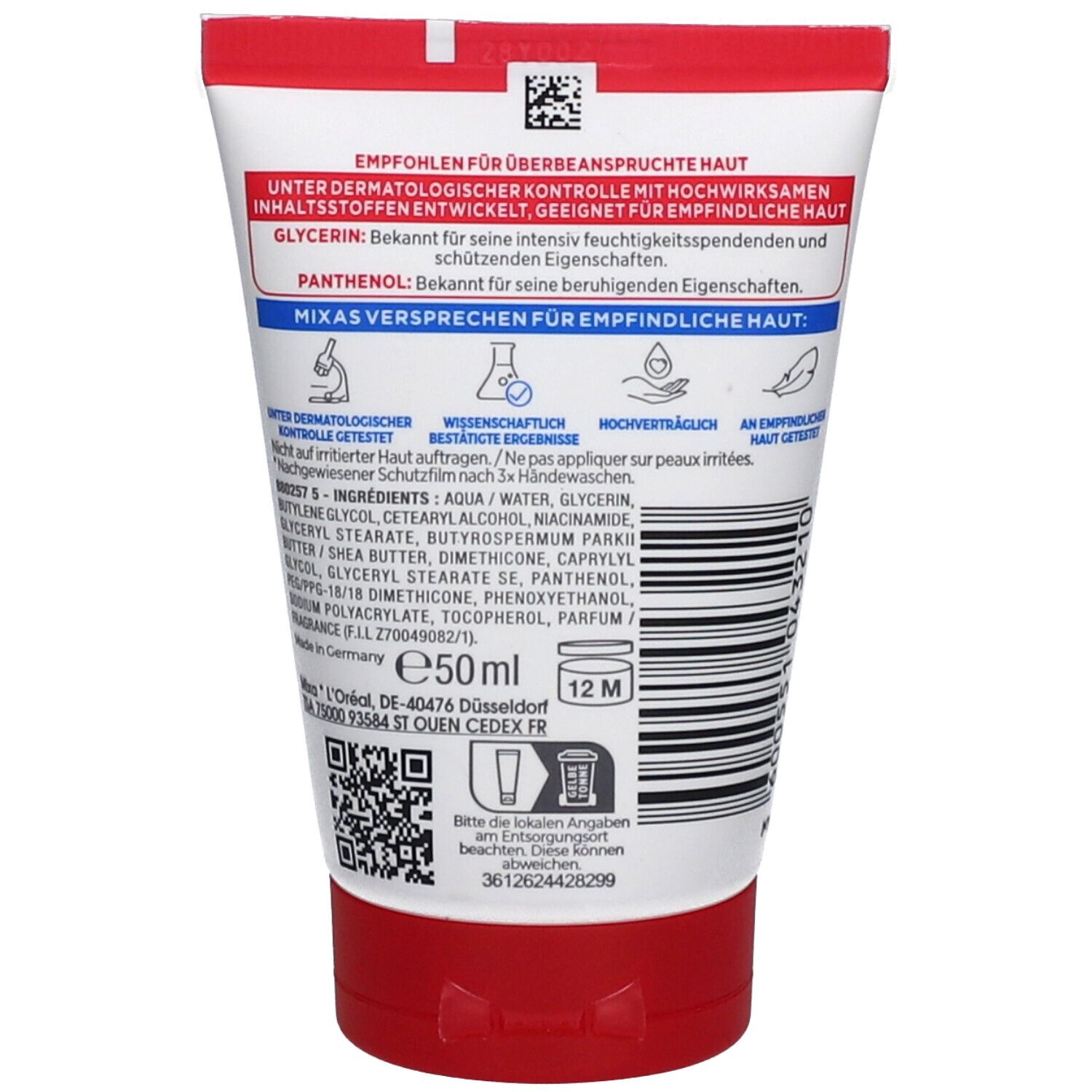 Rückseite der Tube. Enthält Informationen zu Inhaltsstoffen, Anwendung und Hersteller. Mit 50ml-Angabe und Haltbarkeit.