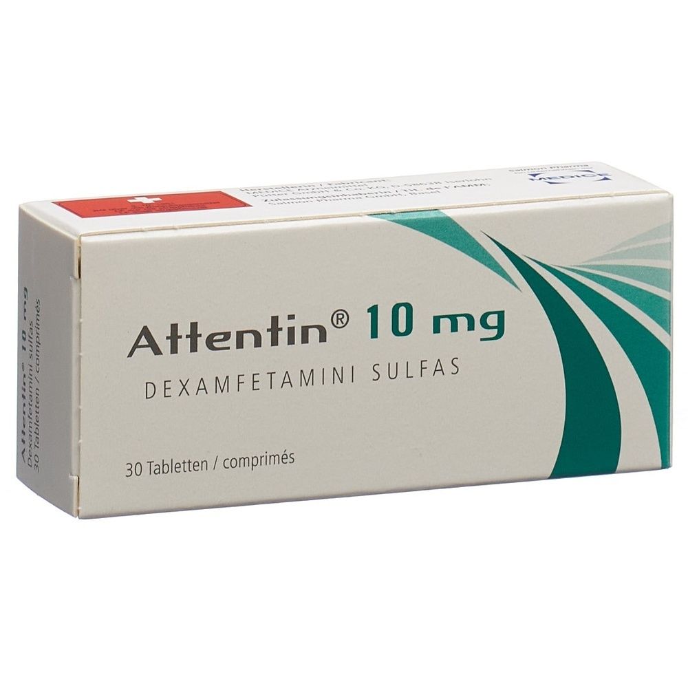 Schachtel mit ATTENTIN 10 mg Tabletten. Aufschrift: Dexamfetamini sulfas. 30 Tabletten/comprimés. Schweizer Flagge.