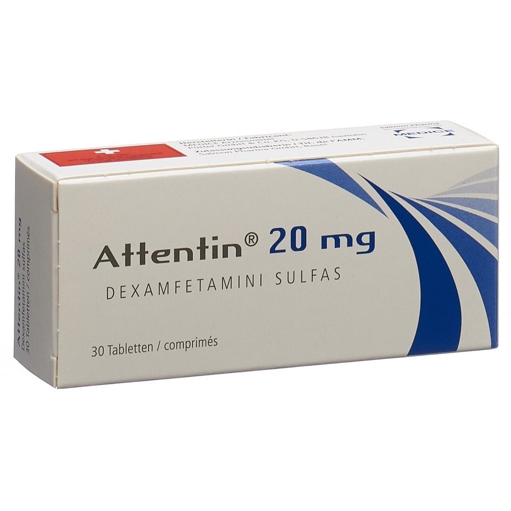 Schachtel mit ATTENTIN 20 mg Tabletten. Aufschrift: Dexamfetamini sulfas. 30 Tabletten. Schweizer Kreuz oben links.
