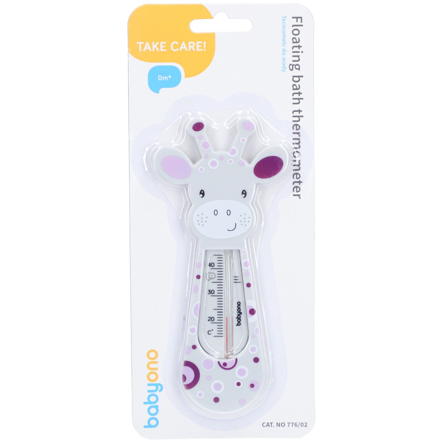 Bade-Thermometer in Giraffenform, verpackt. Mit Skala und Marke Babyono. Graue, lila und weiße Farben.