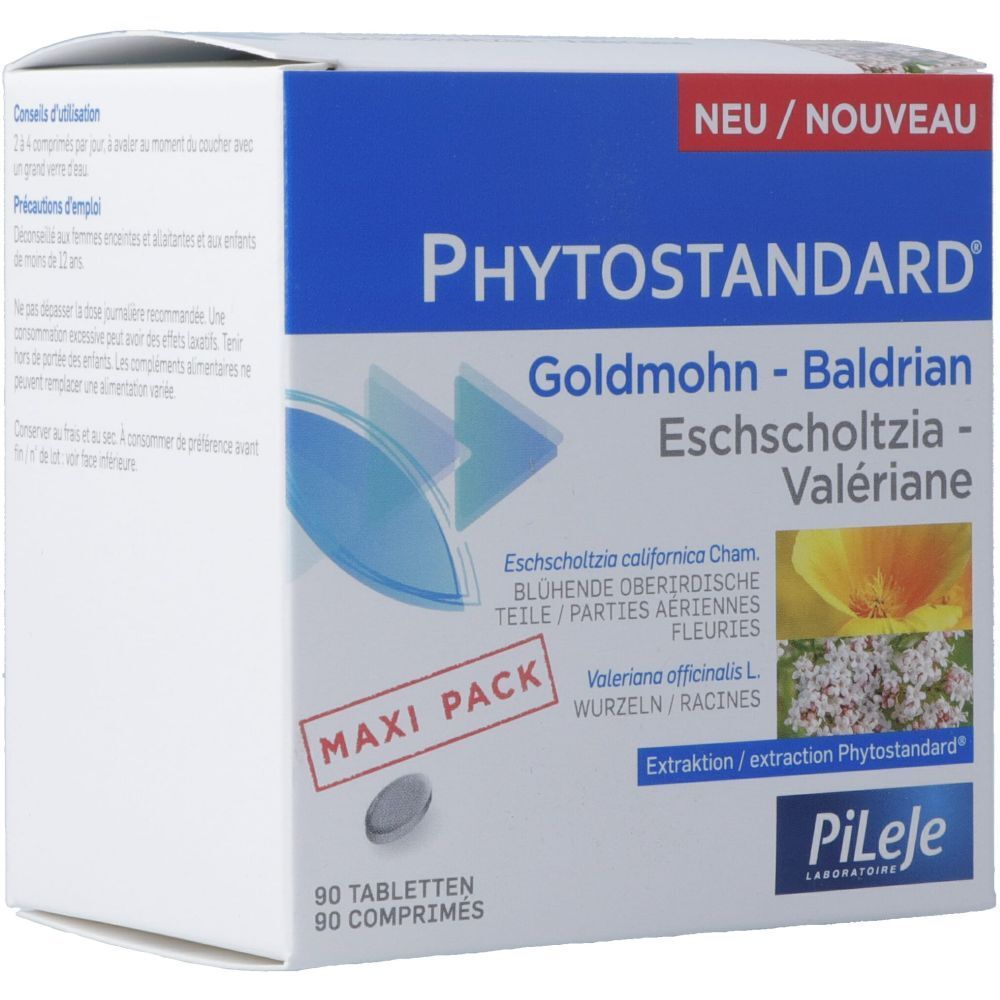 Boîte blanche avec texte bleu. "PHYTOSTANDARD Goldmohn-Baldrian". "MAXI PACK" et "90 comprimés".